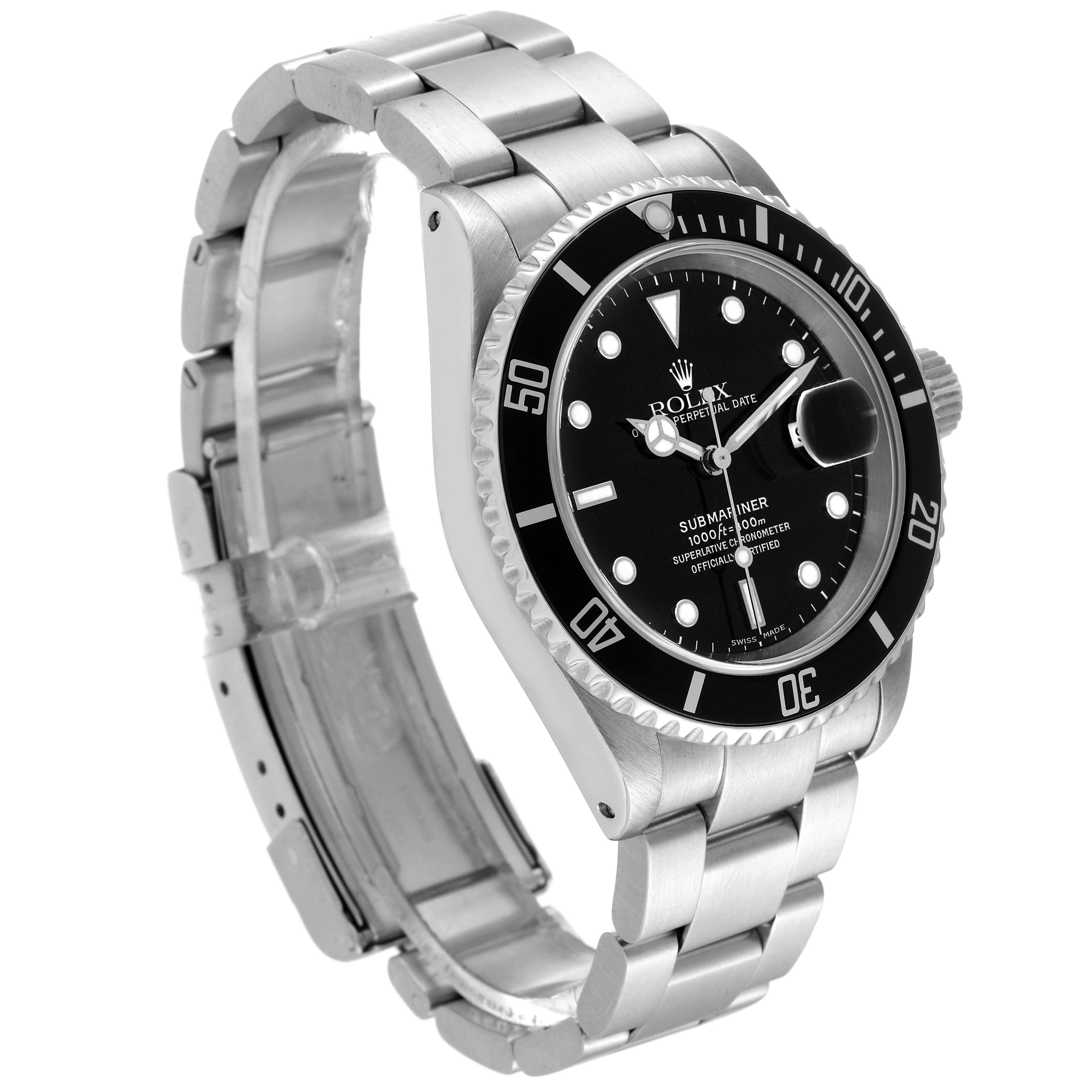 The image shows a Rolex Submariner 16610 Men
s Stainless Steel Black Dial 16610 Men
s Stainless Steel Black Dial watch from a front-left angle, highlighting its bracelet, bezel, and dial.