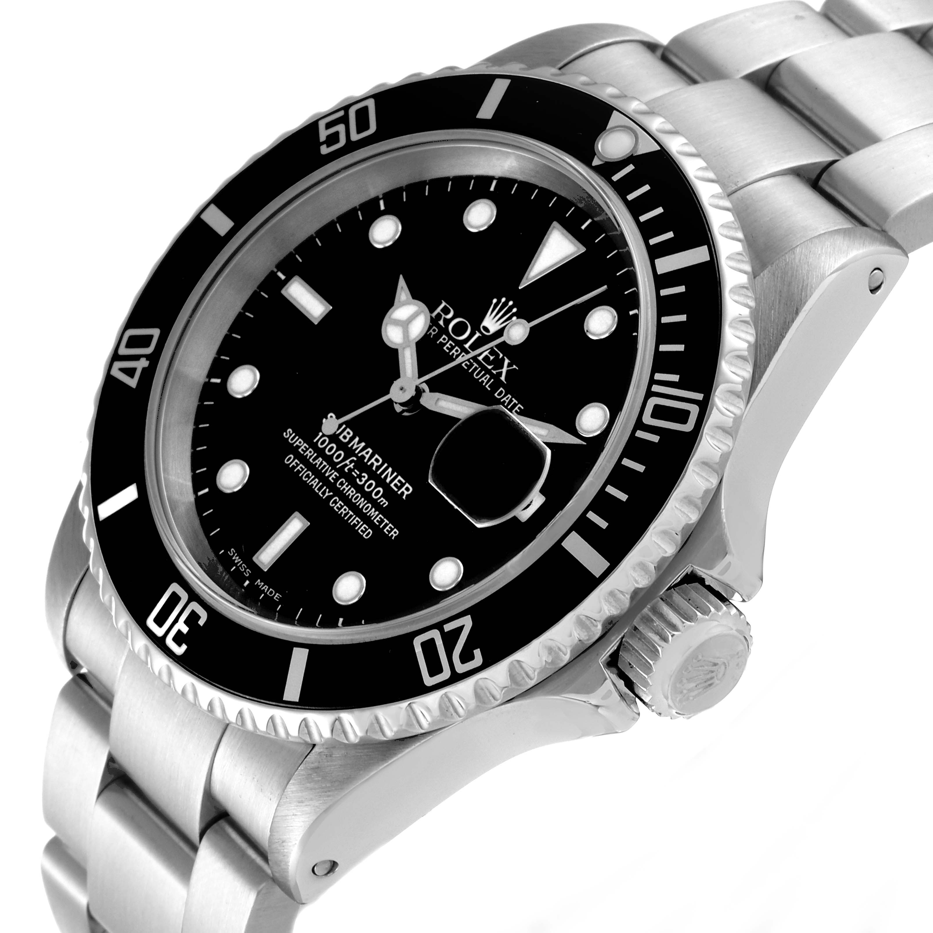The Rolex Submariner 16610 Men
s Stainless Steel Black Dial 16610 Men
s Stainless Steel Black Dial watch is shown at an angled view, highlighting its dial, bezel, crown, and bracelet.