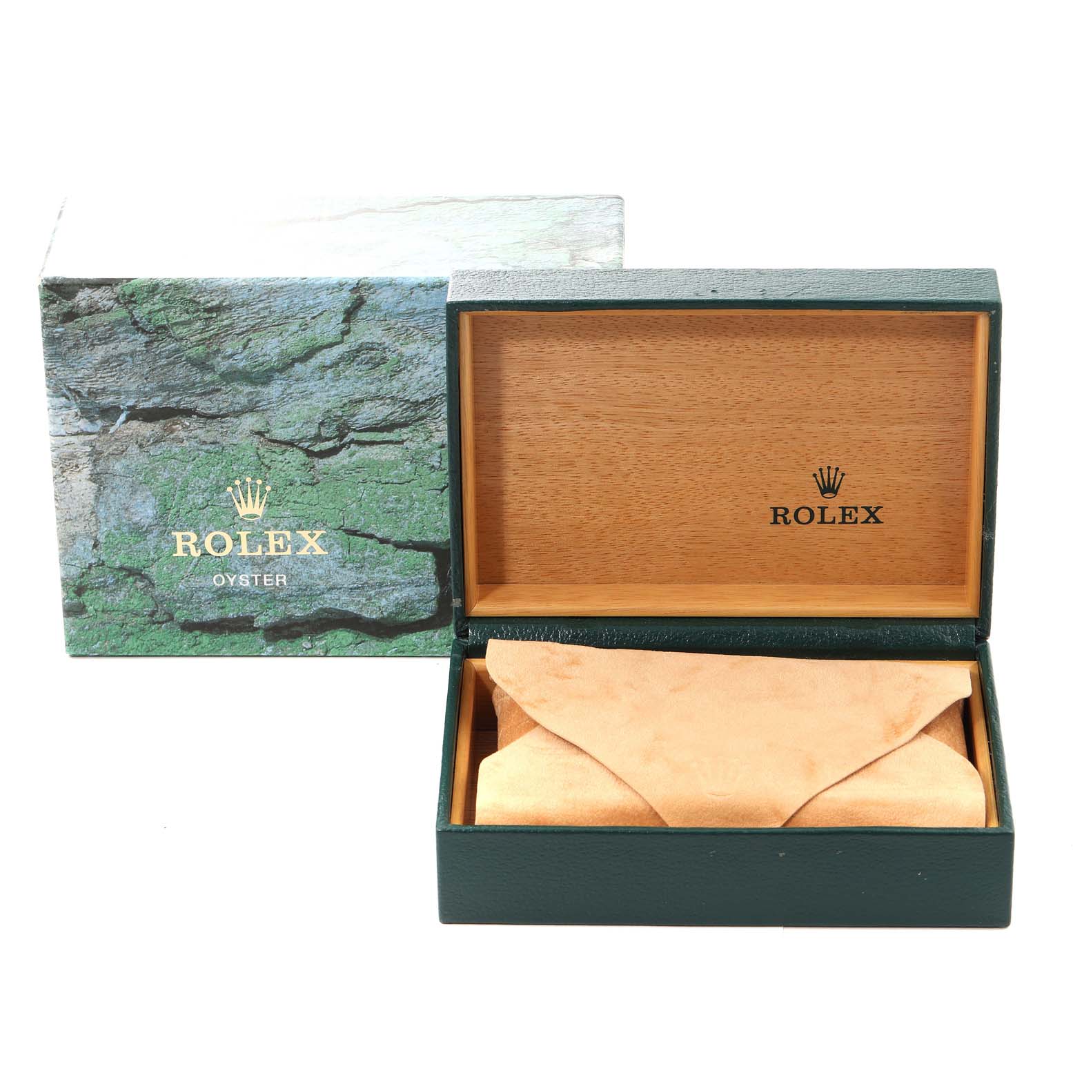 The image shows an open Rolex Submariner 16610 Men
s Stainless Steel Black Dial 16610 Men
s Stainless Steel Black Dial watch box, revealing a cushion and an inner box with the "Rolex Oyster" logo.