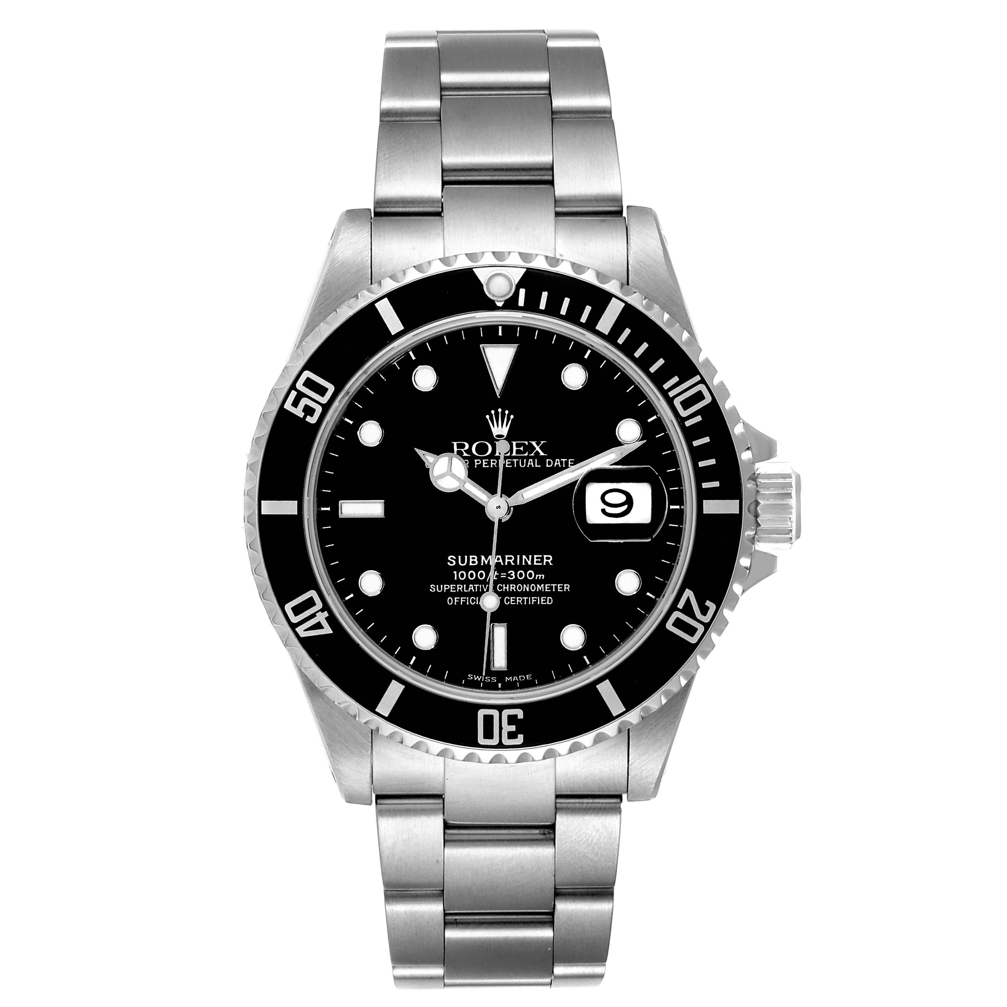 The image shows a front view of a Rolex Submariner 16610 Men
s Stainless Steel Black Dial 16610 Men
s Stainless Steel Black Dial watch, highlighting the dial, bezel, case, and bracelet.