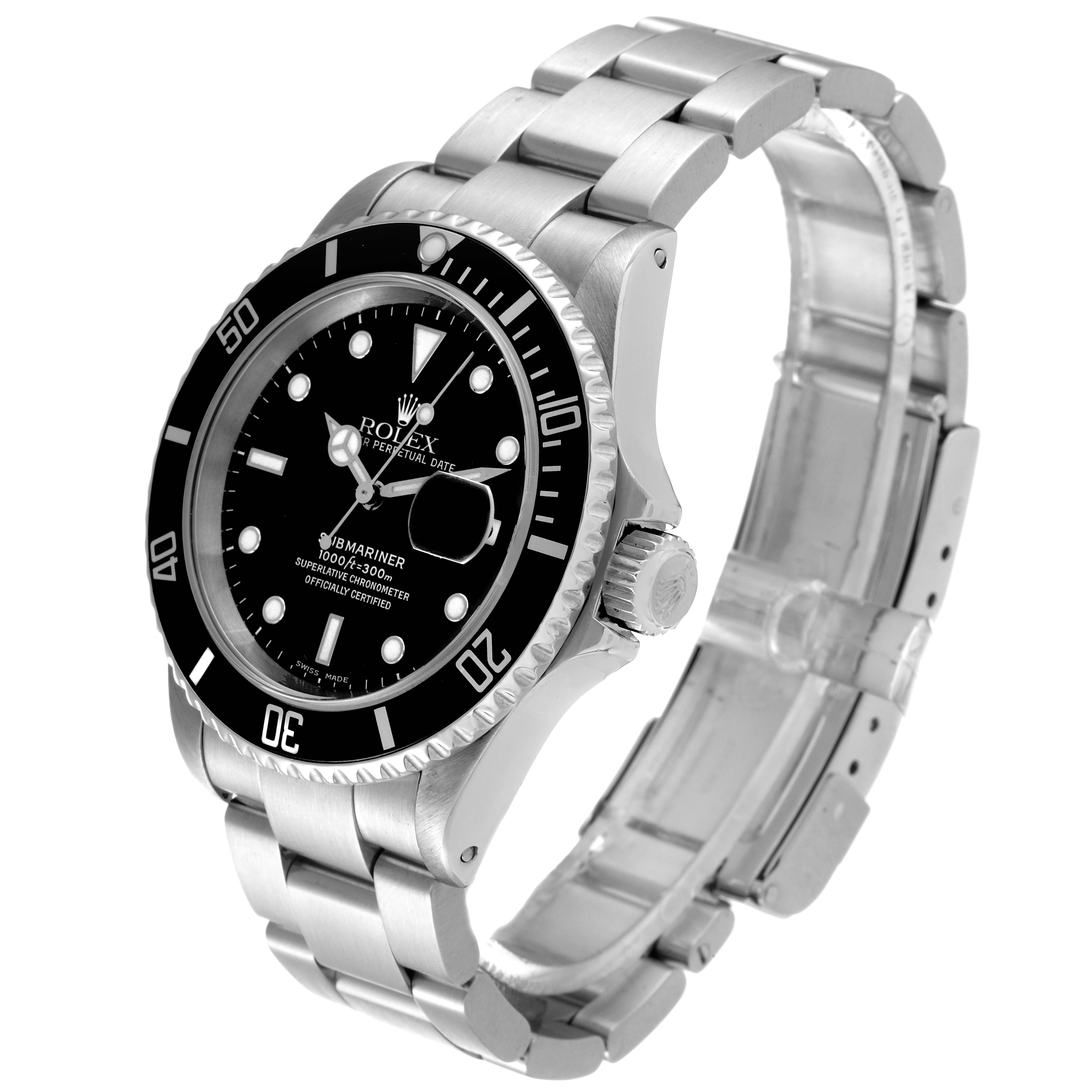 The image shows the Rolex Submariner 16610 Men
s Stainless Steel Black Dial 16610 Men
s Stainless Steel Black Dial watch at a three-quarter angle displaying the face, bezel, crown, and part of the bracelet.