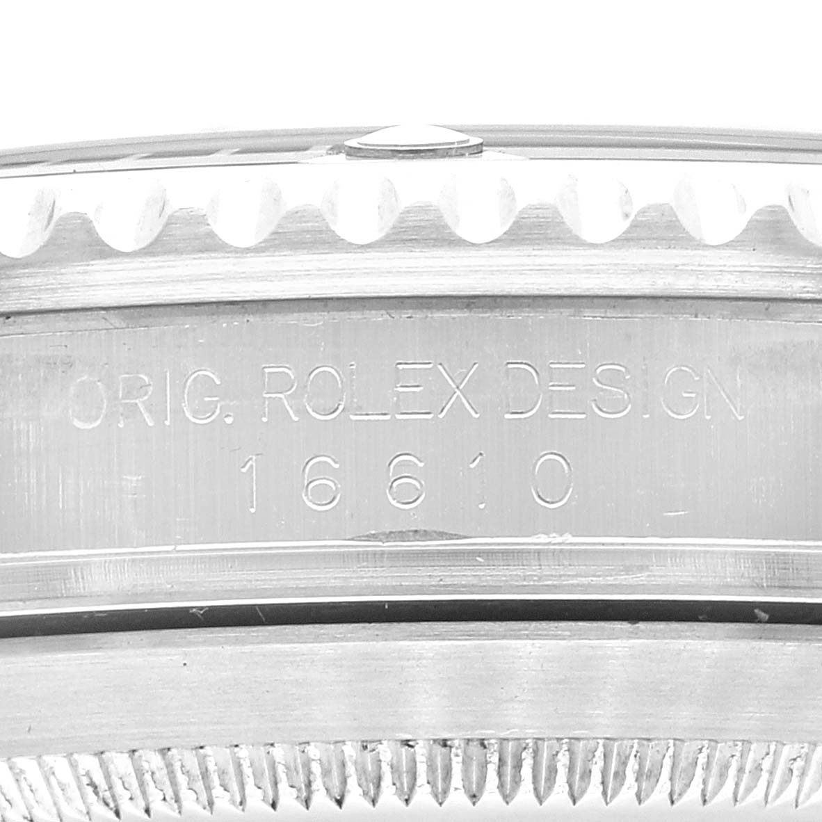 The image shows a close-up of the bezel and case side of a Rolex Submariner 16610 Men
s Stainless Steel Black Dial 16610 Men
s Stainless Steel Black Dial with model number 16610.