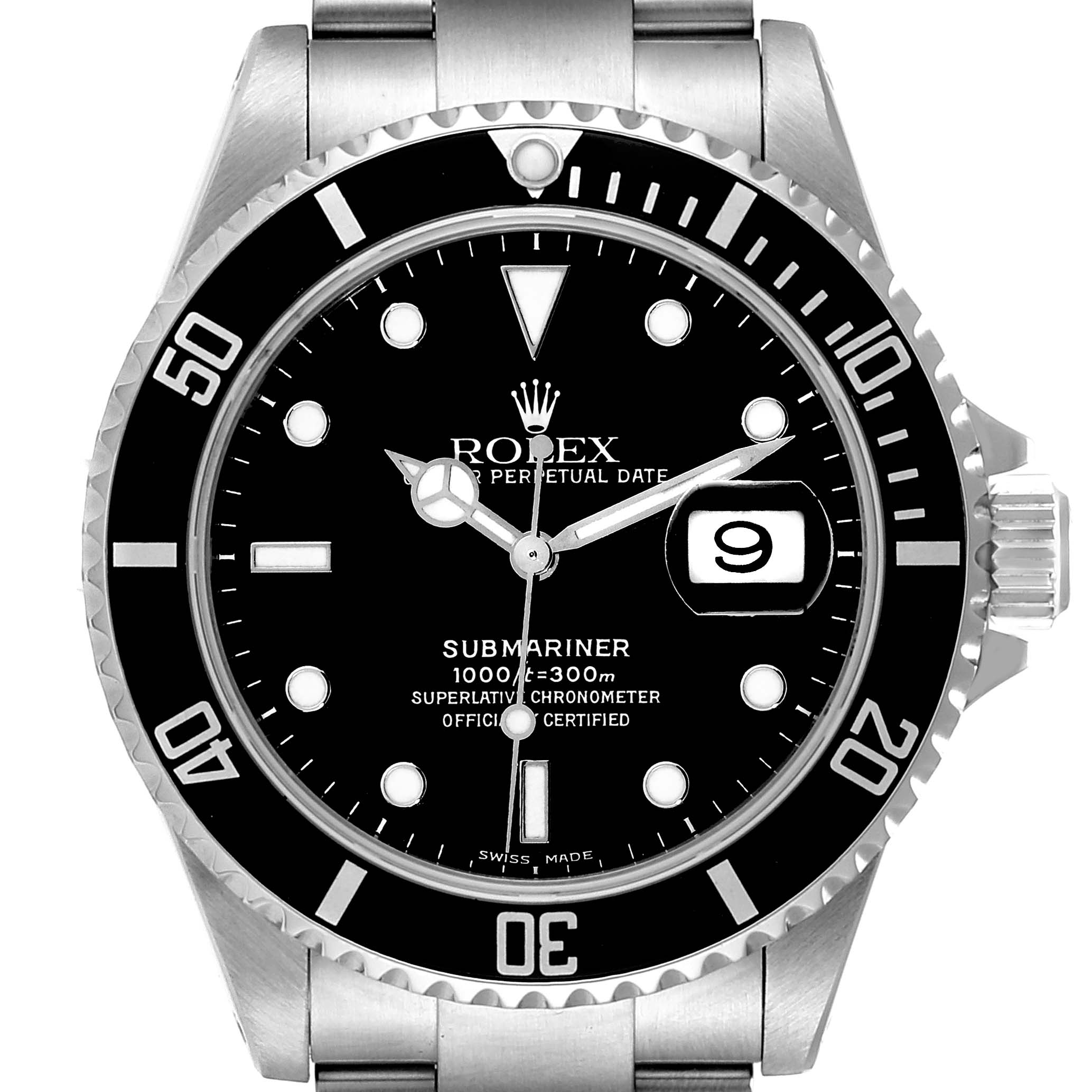 This image shows a front view of a Rolex Submariner 16610 Men
s Stainless Steel Black Dial 16610 Men
s Stainless Steel Black Dial watch, focusing on the dial, bezel, and part of the bracelet.