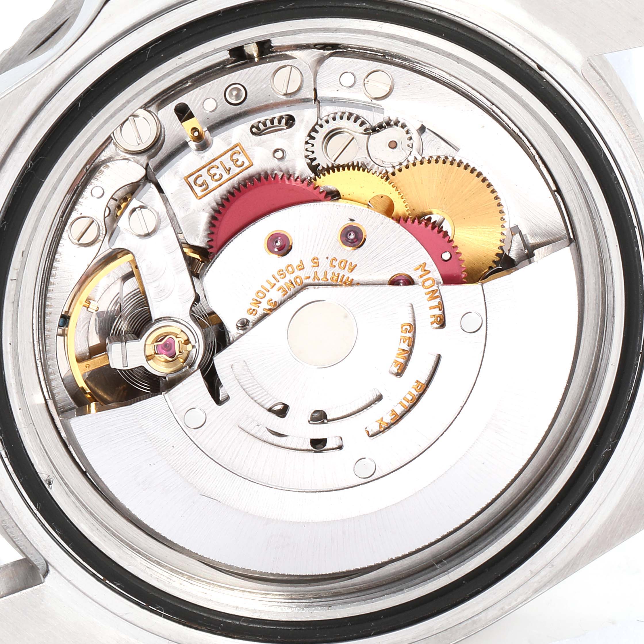 This image shows the internal movement and mechanical parts of a Rolex Submariner 16610 Men
s Stainless Steel Black Dial 16610 Men
s Stainless Steel Black Dial watch from a back angle.