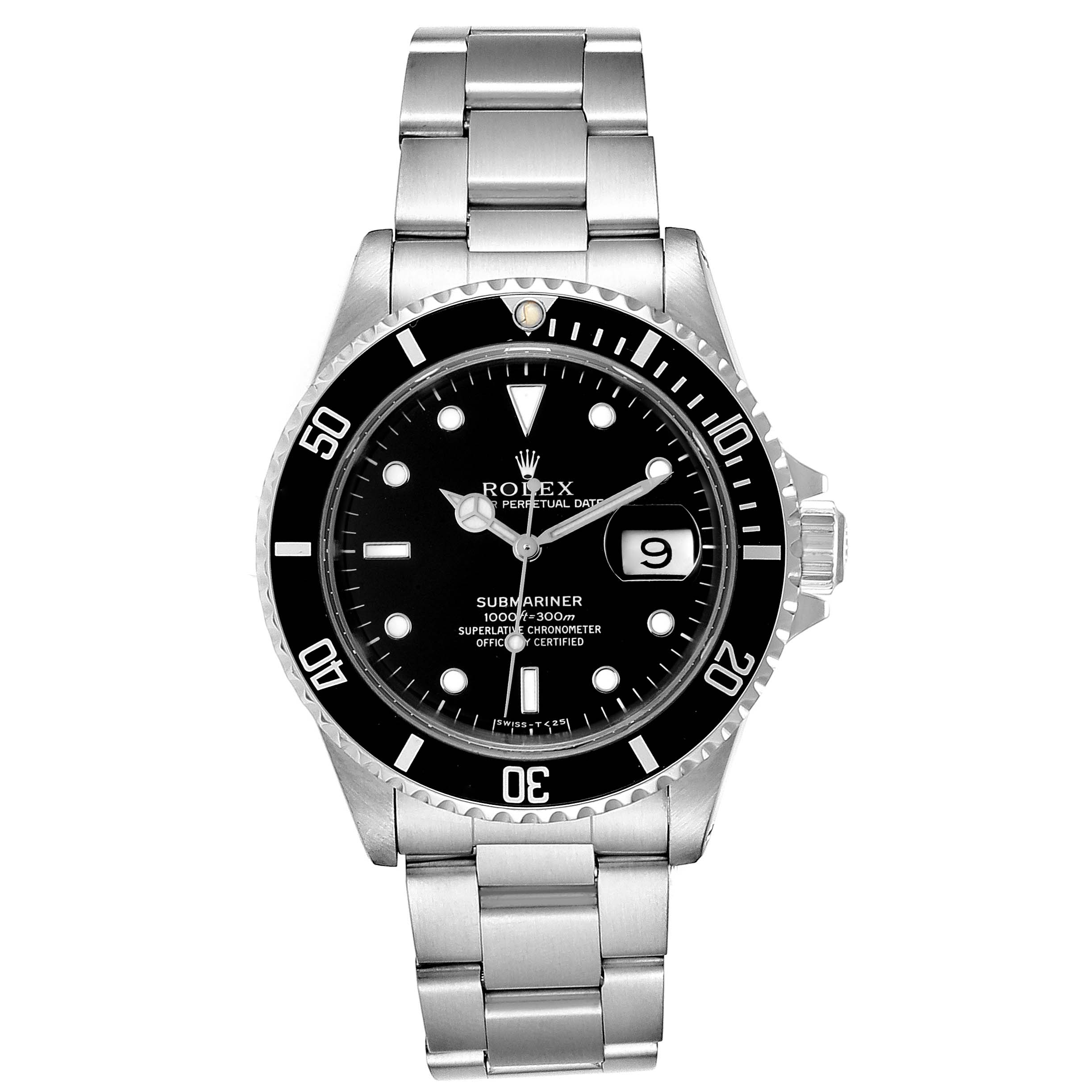 The image shows a front view of a Rolex Submariner 16610 Men
s Stainless Steel Black Dial 16610 Men
s Stainless Steel Black Dial, displaying the face, bezel, and bracelet.
