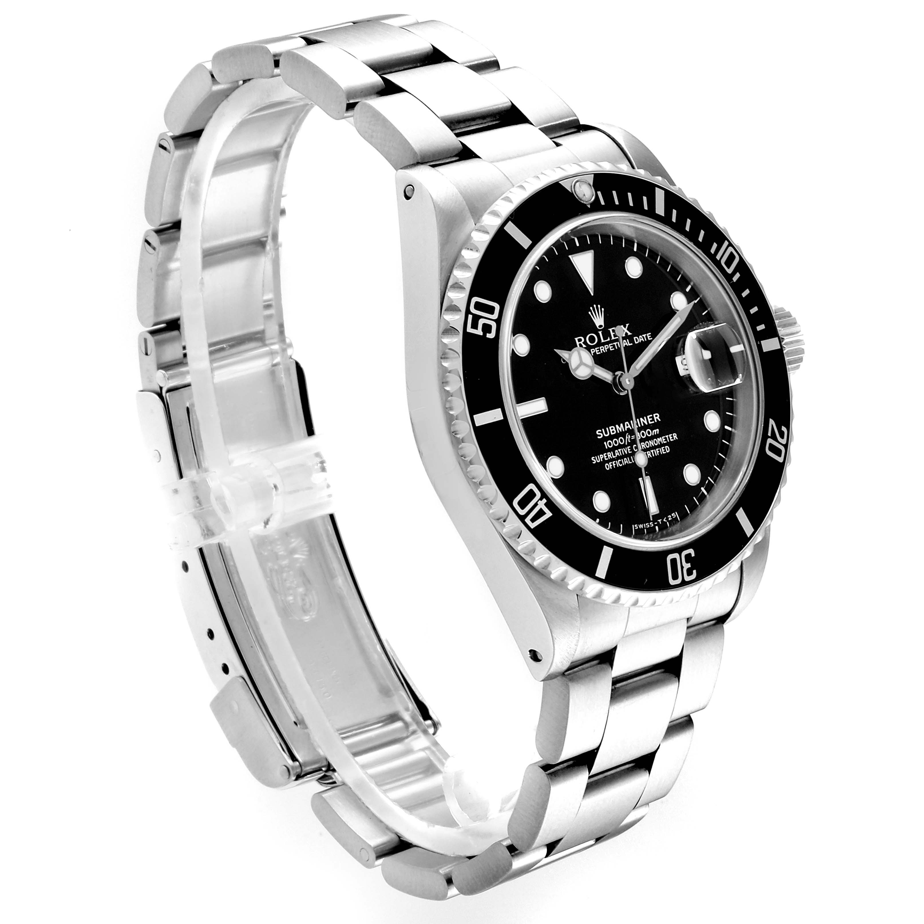 The image shows a side angle of a Rolex Submariner 16610 Men
s Stainless Steel Black Dial 16610 Men
s Stainless Steel Black Dial watch, highlighting its bracelet, bezel, crown, and dial.