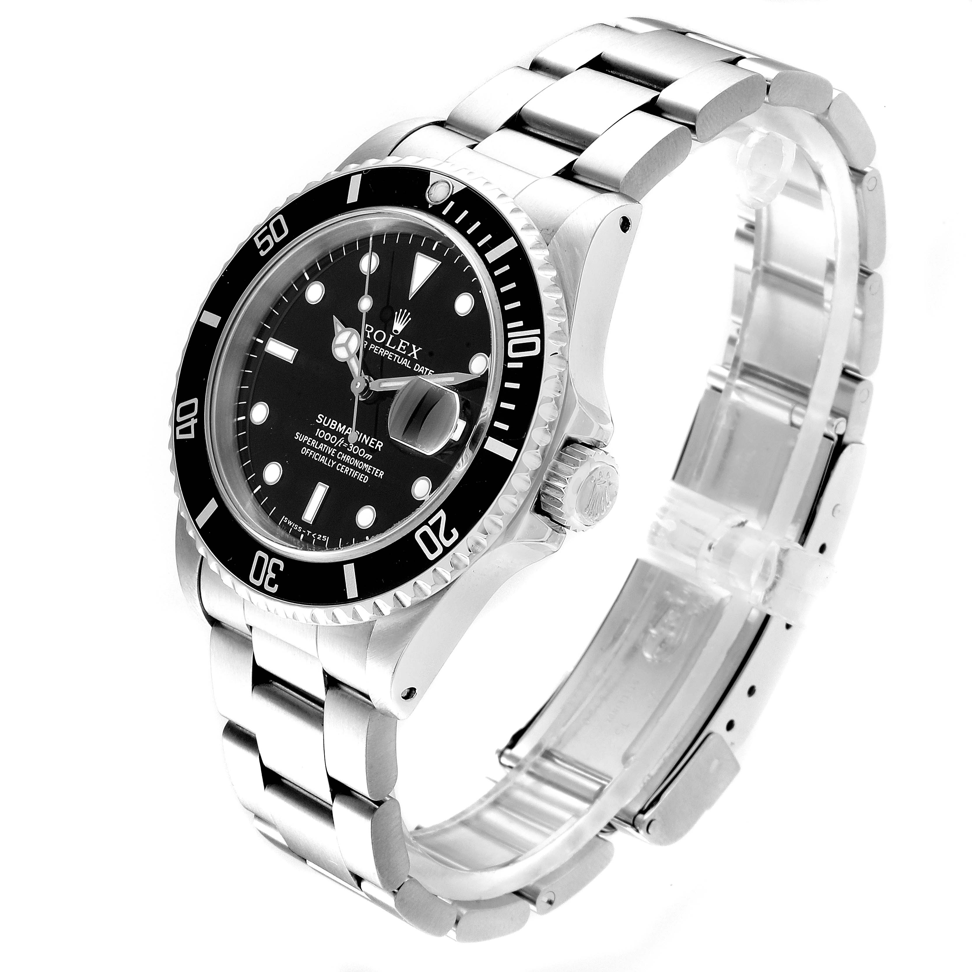 The image shows a Rolex Submariner 16610 Men
s Stainless Steel Black Dial 16610 Men
s Stainless Steel Black Dial watch at a three-quarter angle, displaying the watch face, bezel, crown, and bracelet.