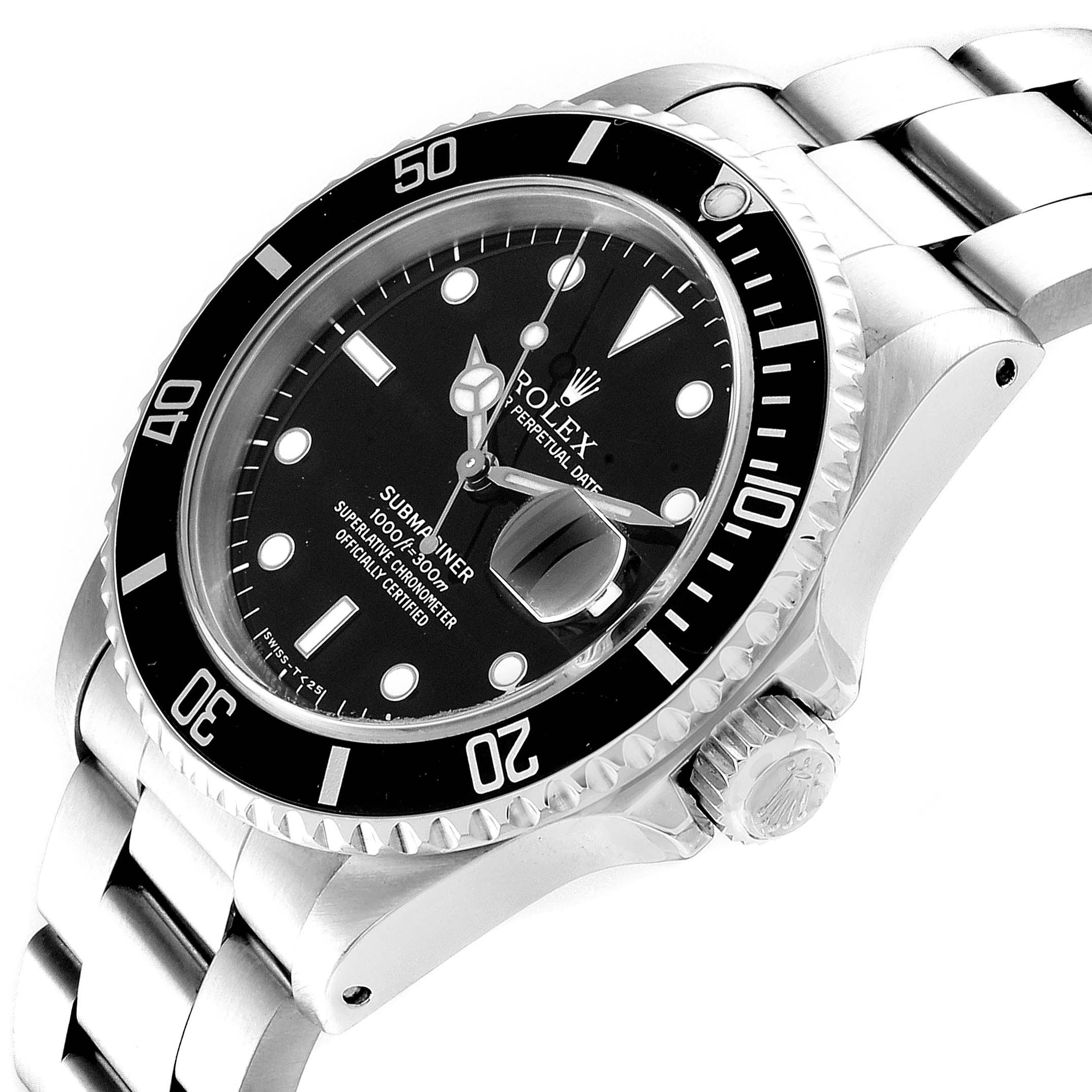 This image shows a Rolex Submariner 16610 Men
s Stainless Steel Black Dial 16610 Men
s Stainless Steel Black Dial watch at a three-quarter angle, highlighting the dial, bezel, and part of the bracelet.