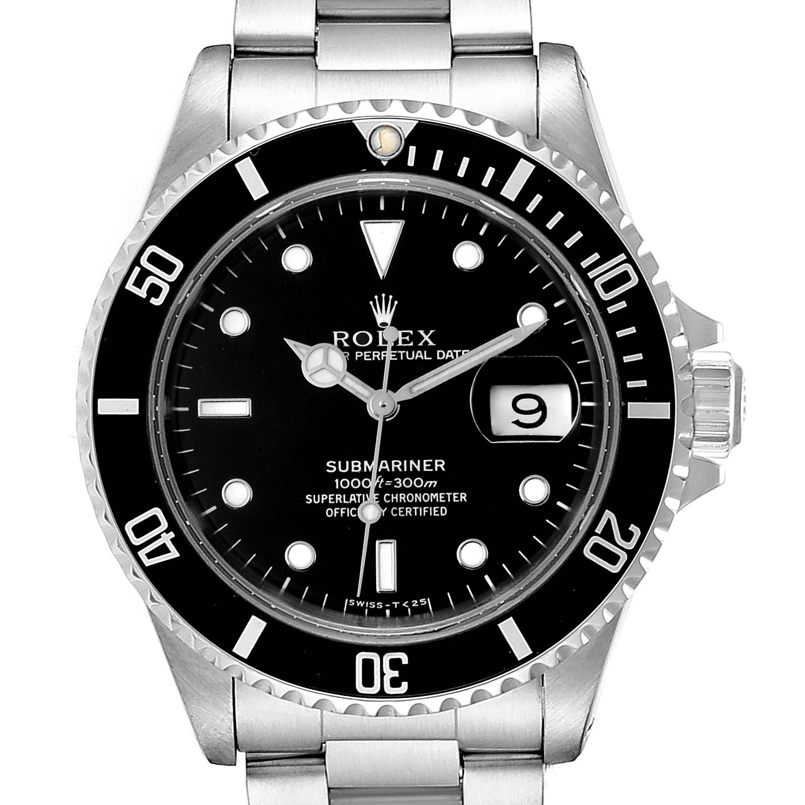 This image shows a front view of the Rolex Submariner 16610 Men
s Stainless Steel Black Dial 16610 Men
s Stainless Steel Black Dial watch, displaying the dial, bezel, and part of the bracelet.