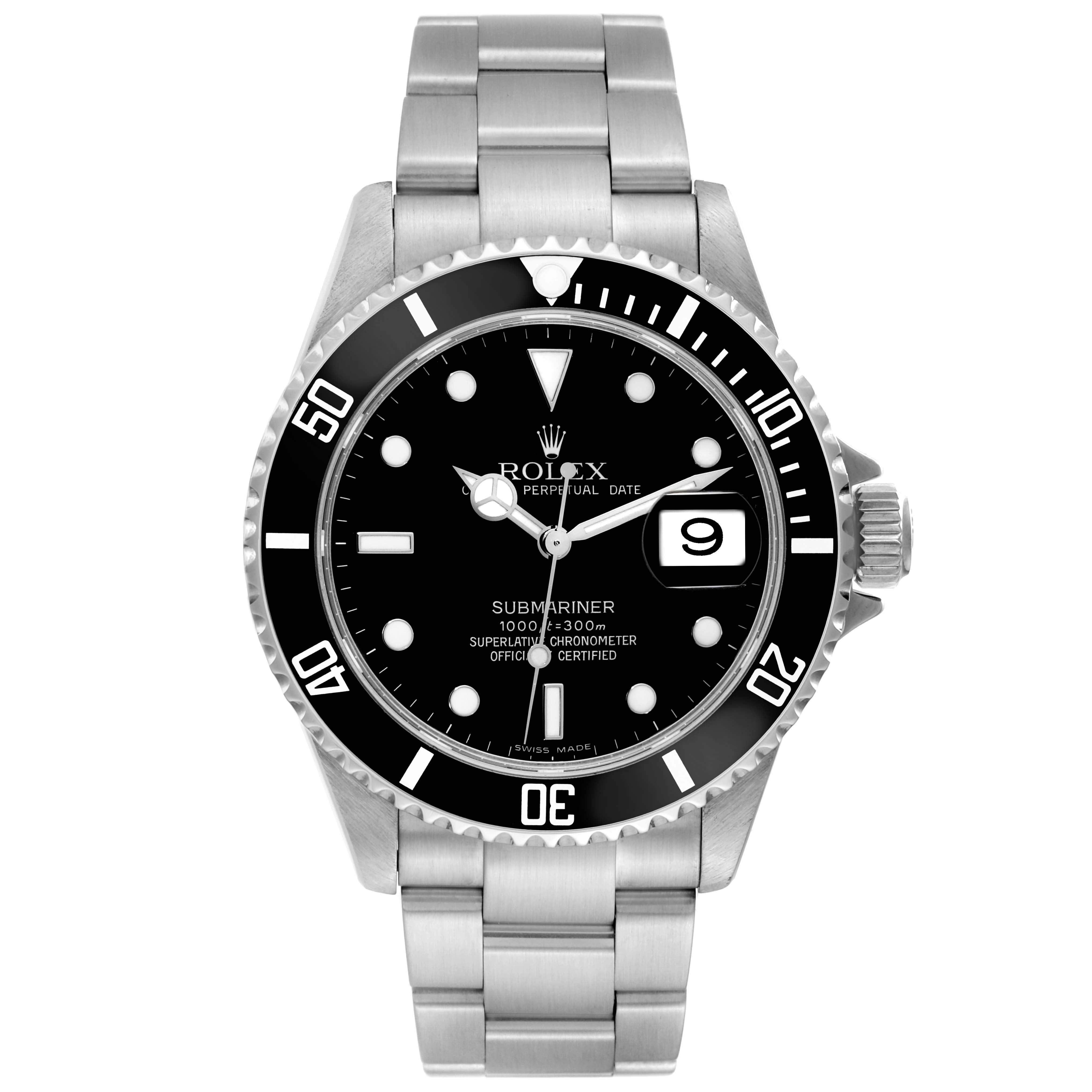 The Rolex Submariner 16610 Men
s Stainless Steel Black Dial 16610 Men
s Stainless Steel Black Dial watch is shown from a front angle, displaying the dial, bezel, crown, and bracelet.