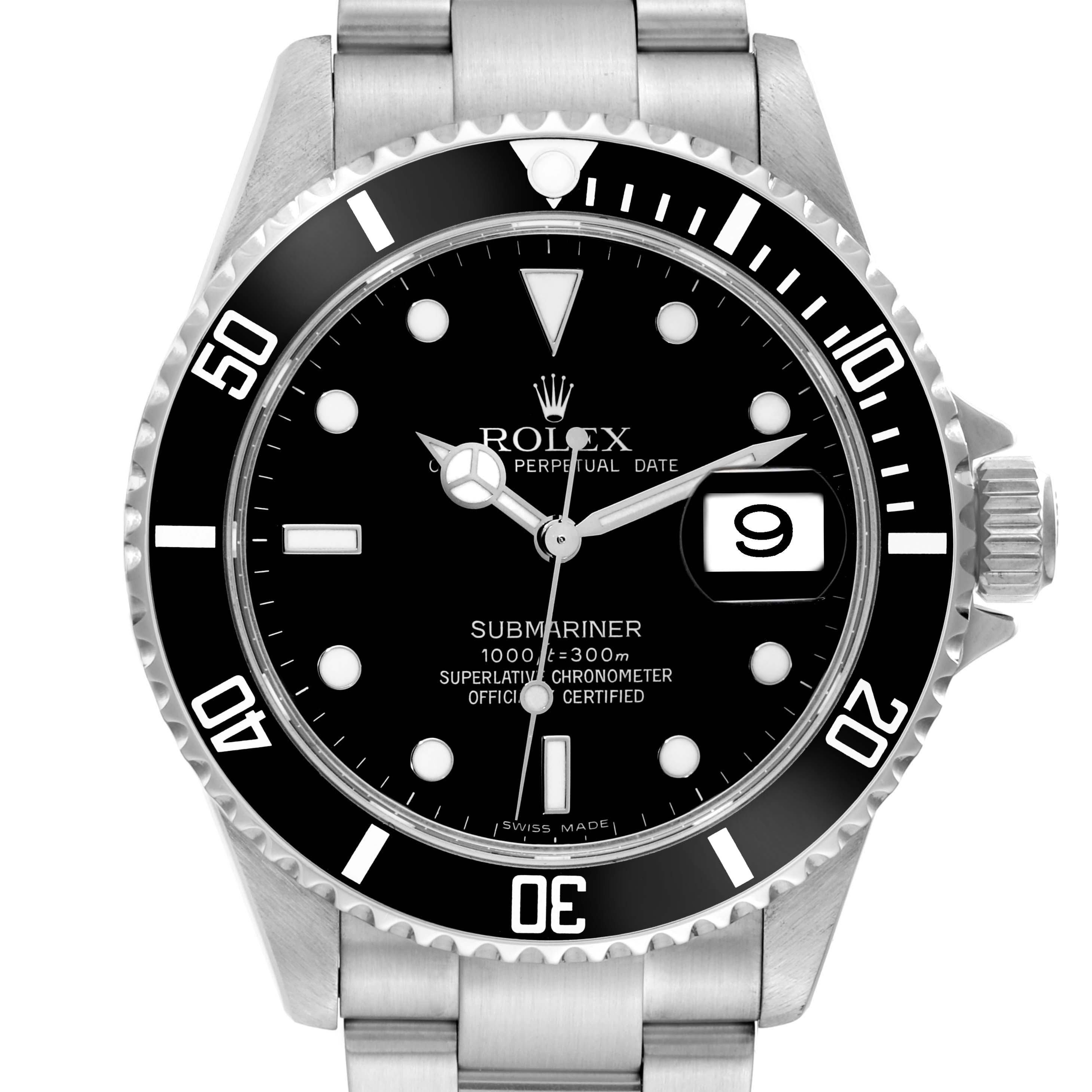 The image shows a front view of a Rolex Submariner 16610 Men
s Stainless Steel Black Dial 16610 Men
s Stainless Steel Black Dial watch, highlighting its black dial, bezel, date window, and stainless steel bracelet.