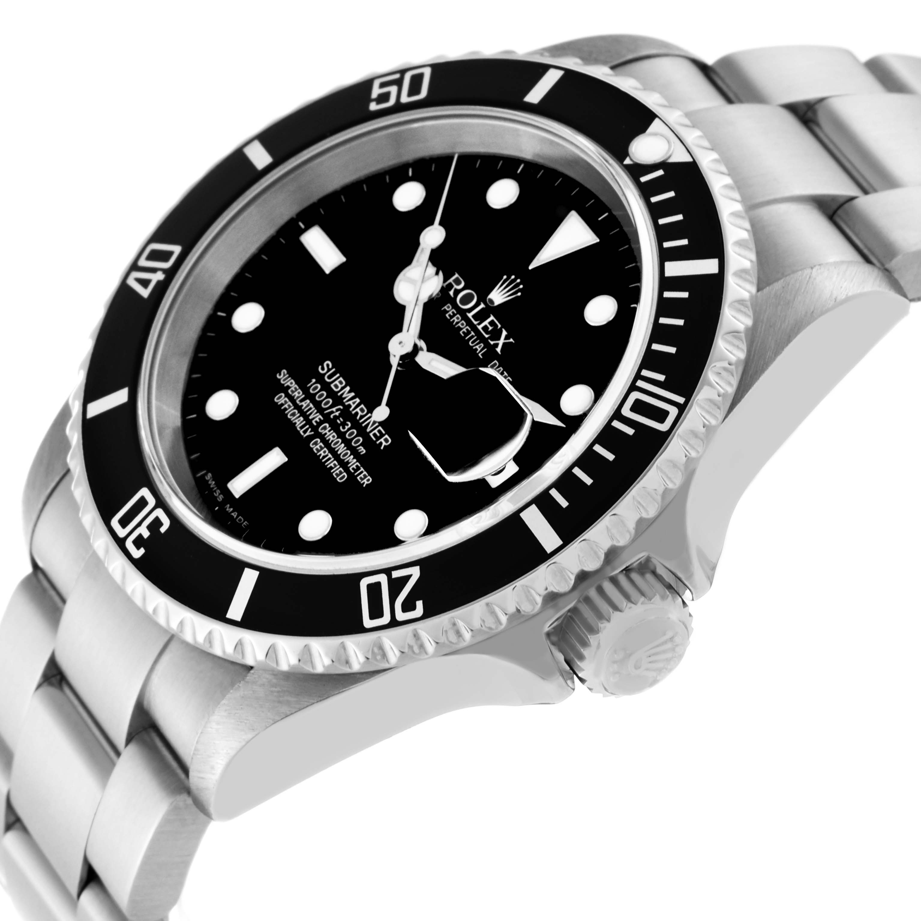 This image shows a close-up, angled view of the face and bracelet of a Rolex Submariner 16610 Men
s Stainless Steel Black Dial 16610 Men
s Stainless Steel Black Dial watch.