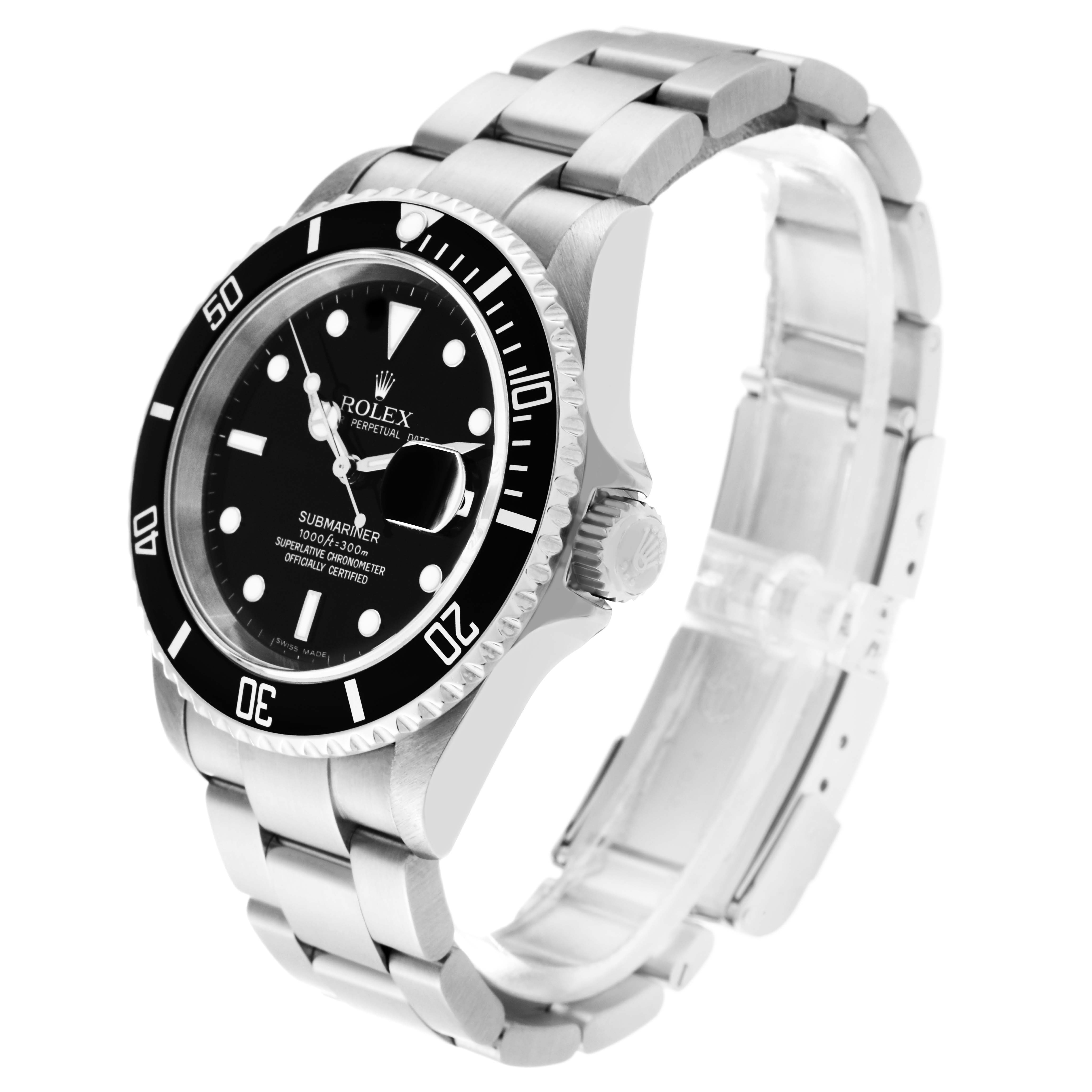 This image shows a Rolex Submariner 16610 Men
s Stainless Steel Black Dial 16610 Men
s Stainless Steel Black Dial watch at an angle, displaying its face, bezel, crown, and part of its bracelet.