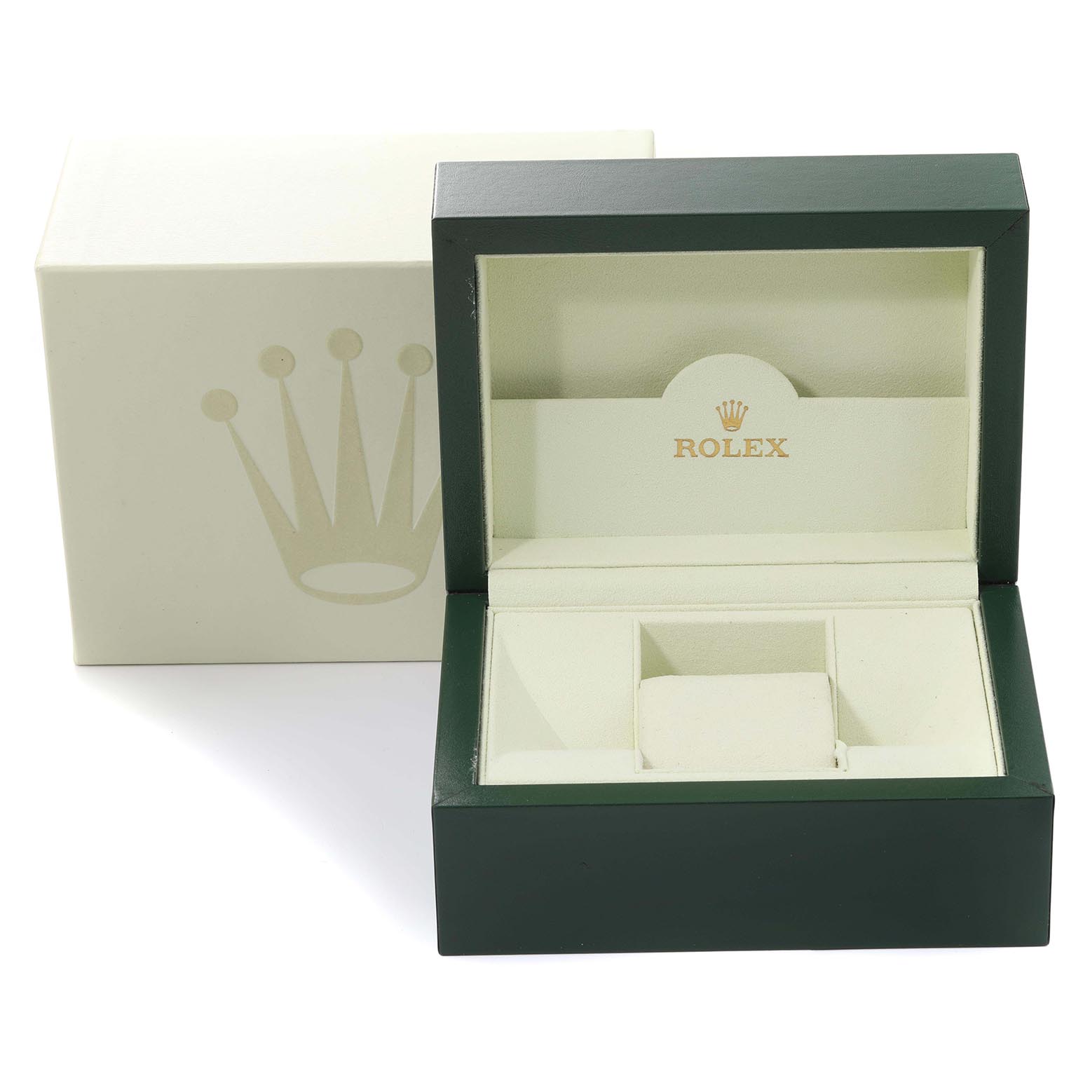 The image shows an open Rolex Submariner 16610 Men
s Stainless Steel Black Dial 16610 Men
s Stainless Steel Black Dial watch box and its outer packaging, viewed from the front.