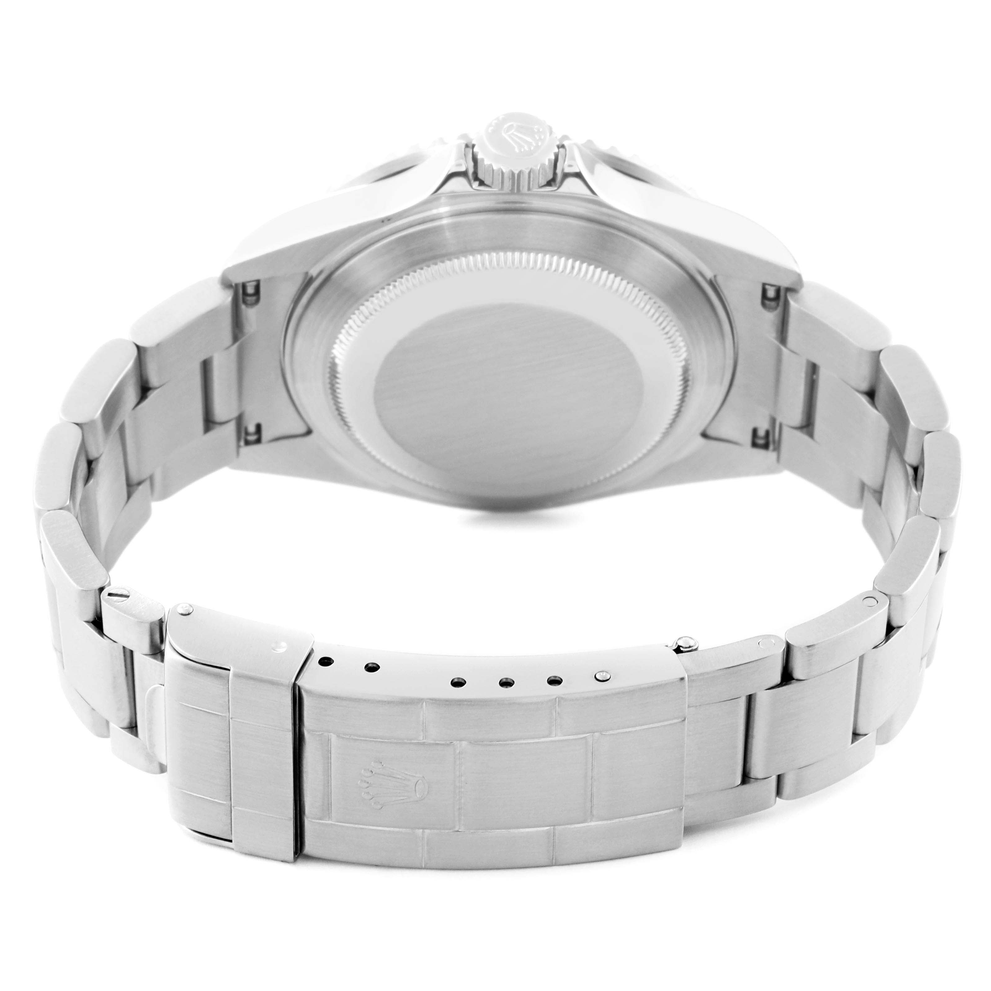 This image shows the back view of a Rolex Submariner 16610 Men
s Stainless Steel Black Dial 16610 Men
s Stainless Steel Black Dial watch, highlighting its case back, bracelet, and clasp.