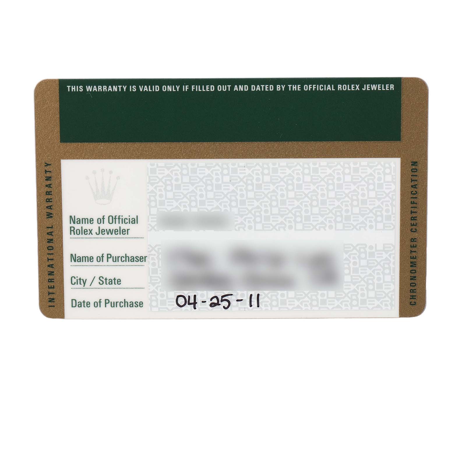 This image shows a Rolex warranty card for the Sky-Dweller model, detailing purchase information and certification.