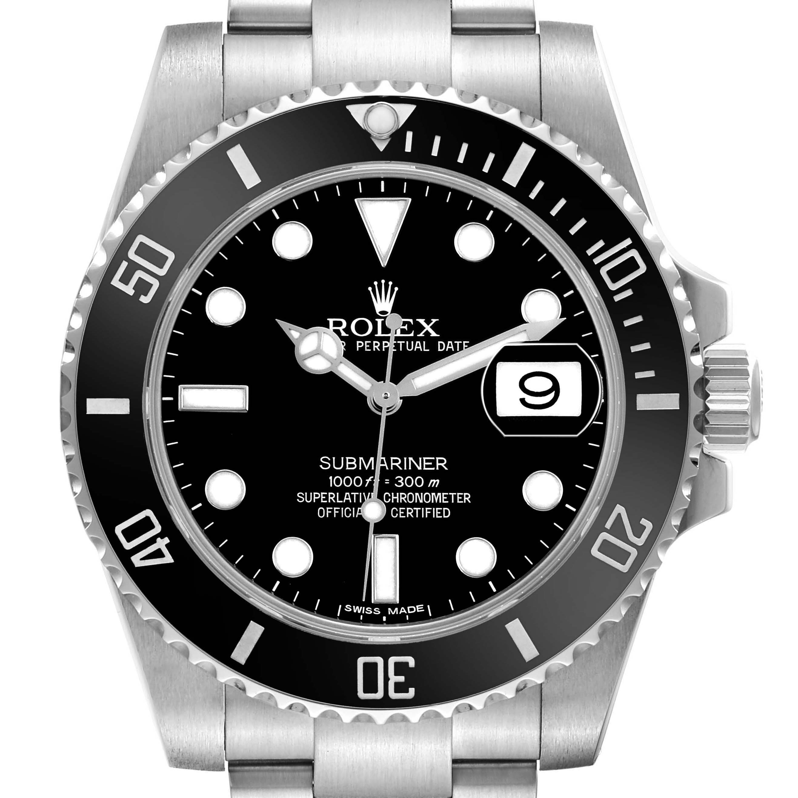 This image shows a frontal view of a Rolex Submariner, highlighting the dial, bezel, and bracelet.