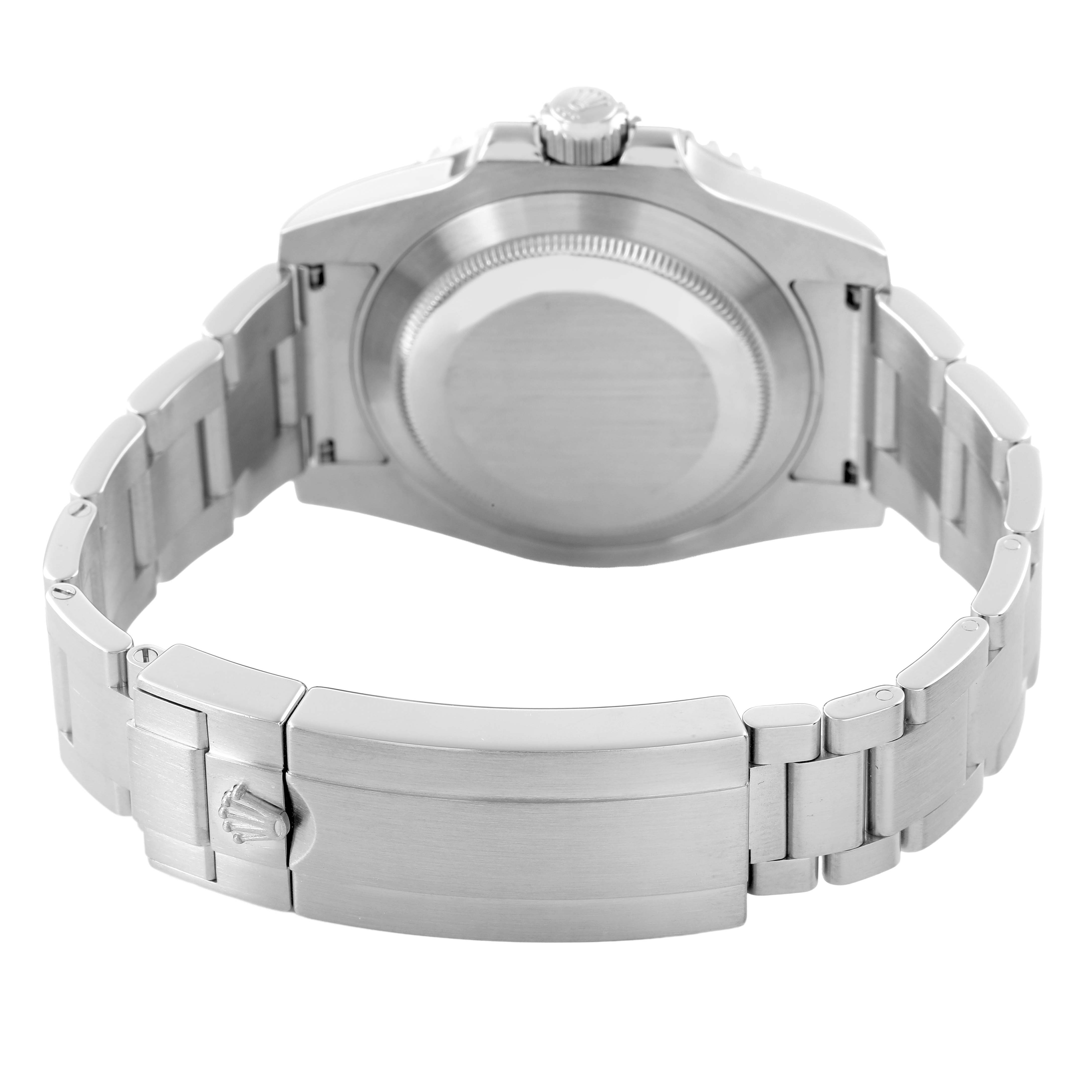 The image shows the back view of a Rolex Sky-Dweller 116610 Men's Stainless Steel Black Dial watch, highlighting the case back, bracelet, and clasp.