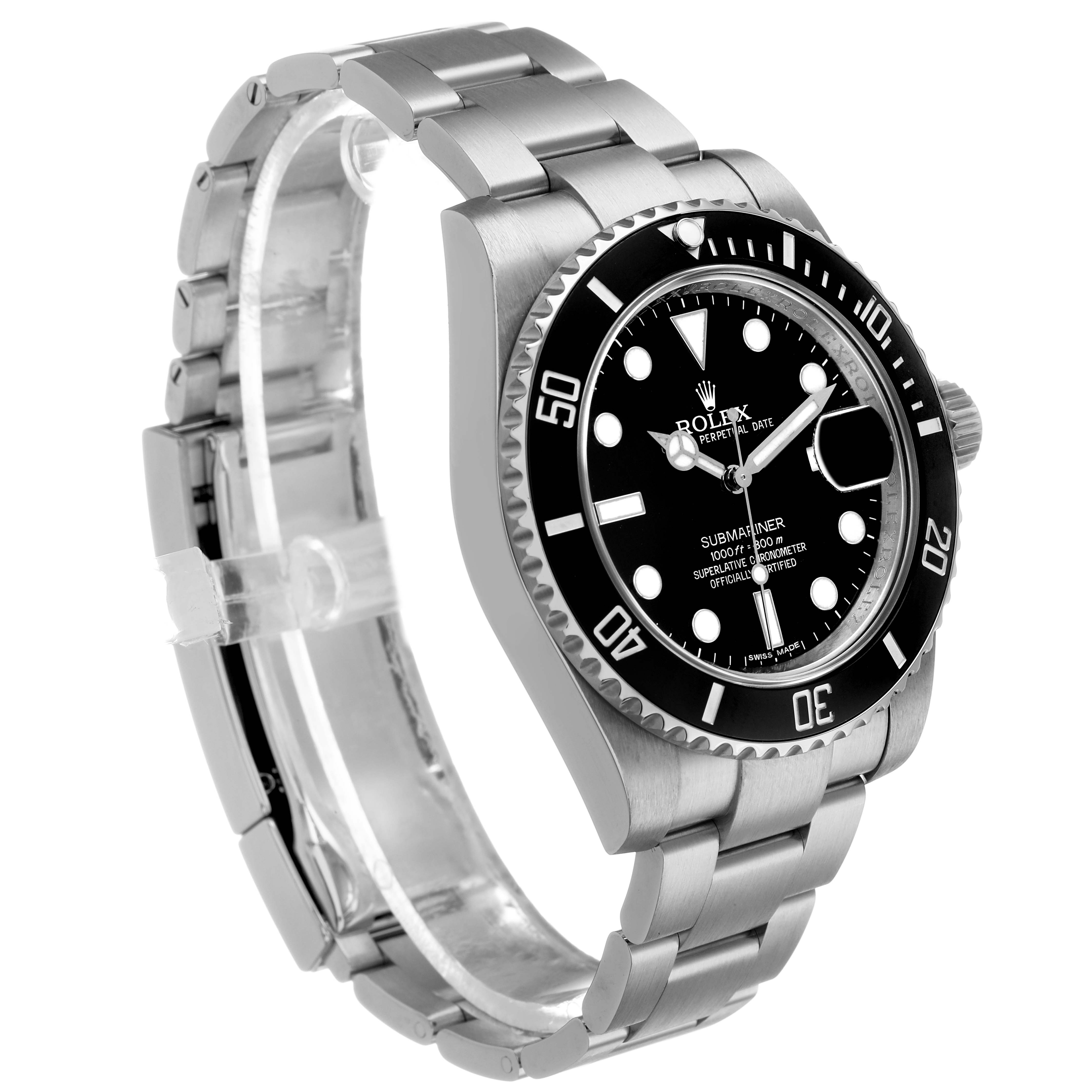 This image shows a Rolex Submariner watch at a three-quarter angle, highlighting the bracelet, bezel, and face.