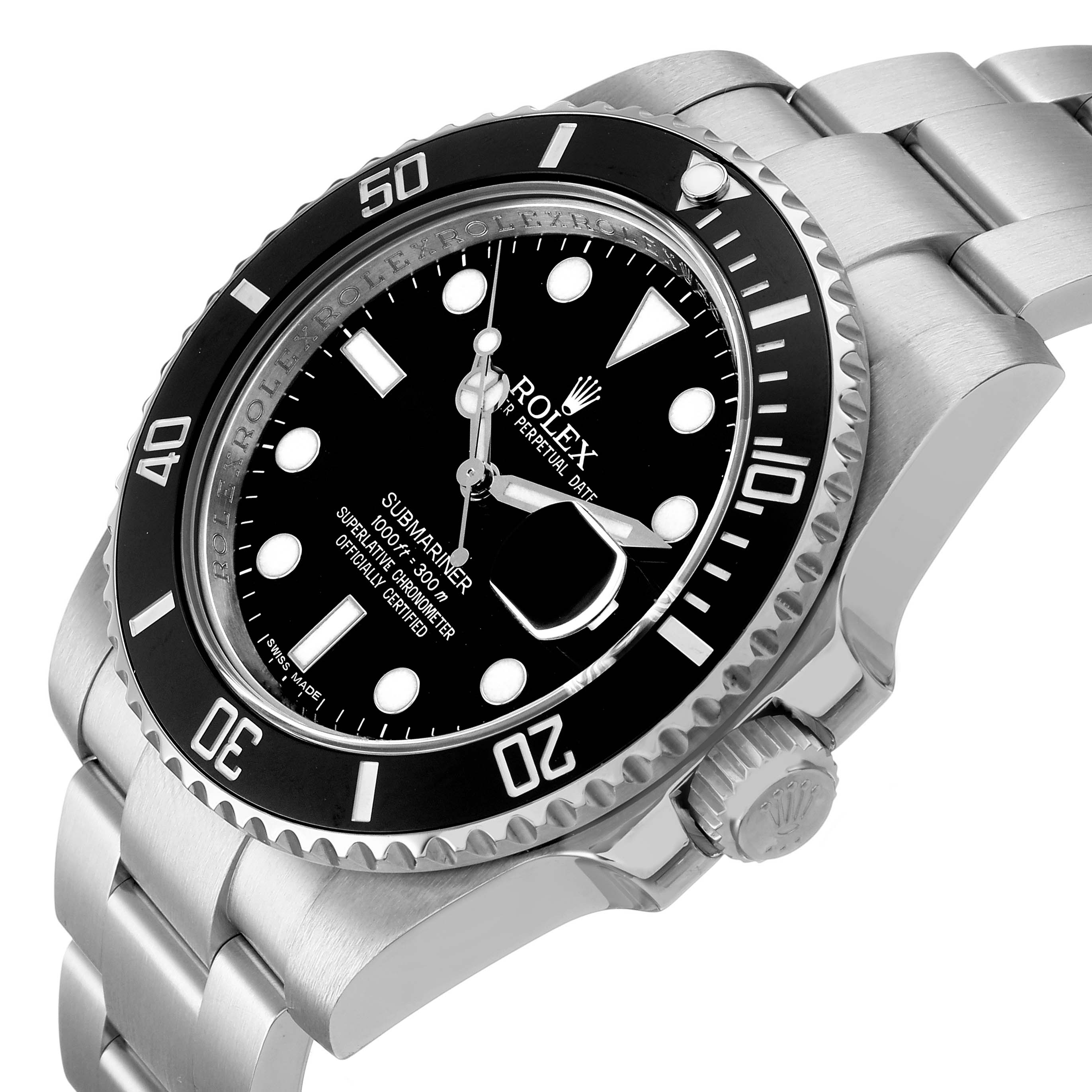 This is a Rolex Submariner shown at an angled view highlighting the dial, bezel, crown, and part of the bracelet.