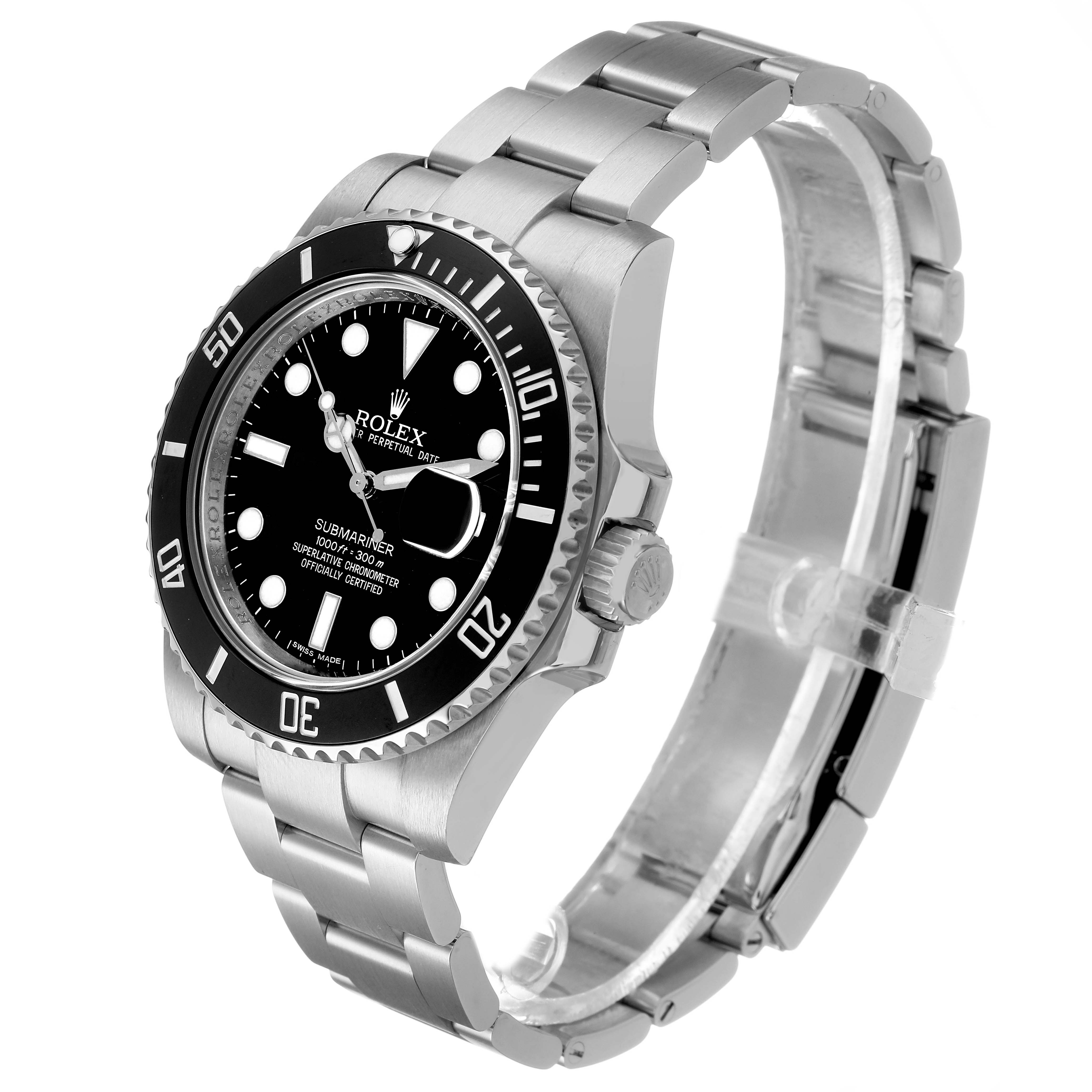 The image shows a Rolex watch, angled to display the face, bezel, crown, and part of the bracelet.