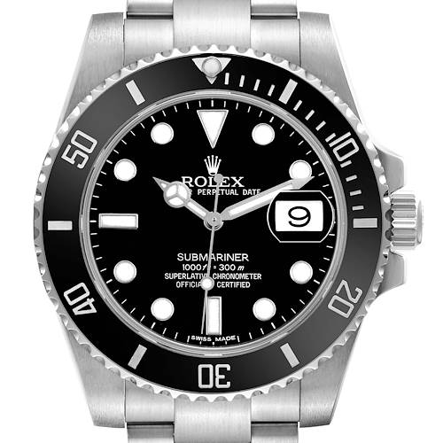 This image shows a front view of a Rolex Submariner, displaying its bezel, dial, and bracelet.