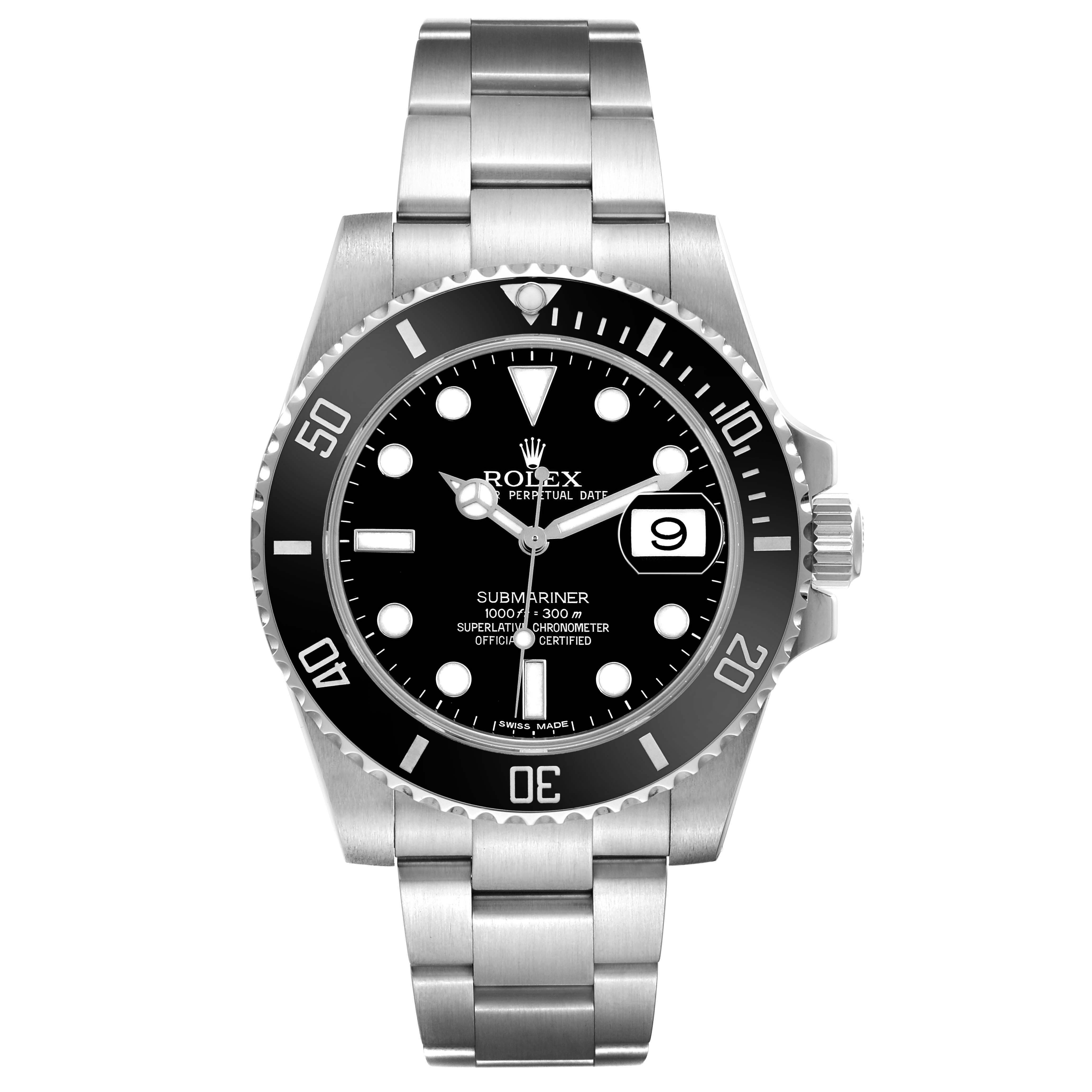 This image shows a Rolex Submariner watch, not the Sky-Dweller, viewed from the front displaying the dial, bezel, and bracelet.