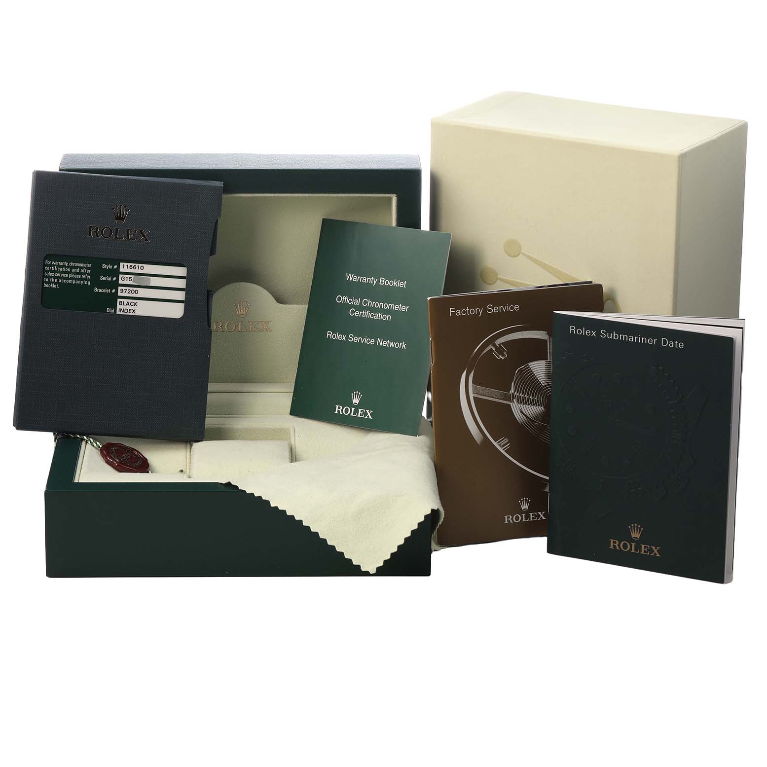 The image shows the packaging and manuals for a Rolex Sky-Dweller 116610 Men's Stainless Steel Black Dial, including a warranty booklet and box from an oblique angle.