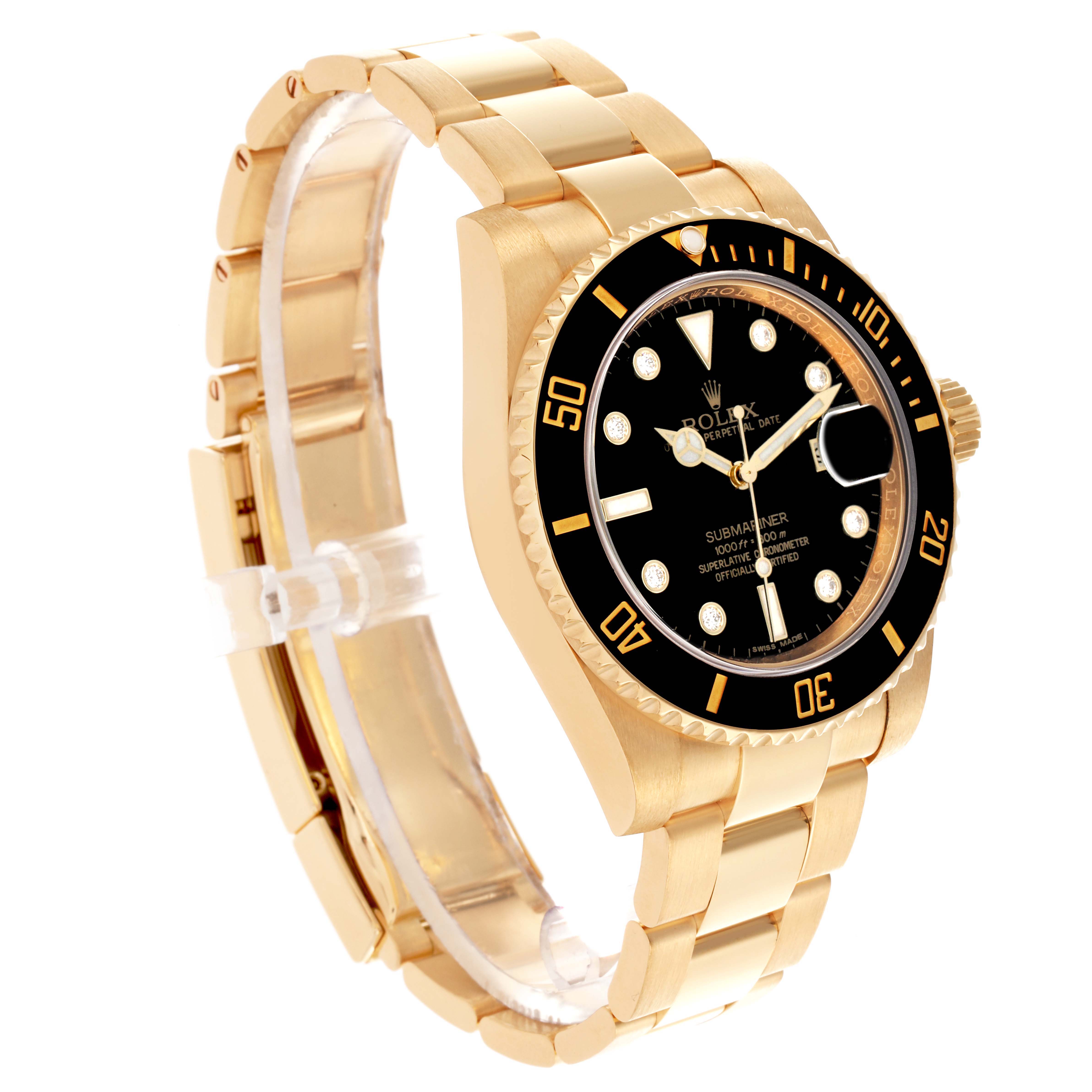The Rolex Submariner 116618 Men's Yellow Gold Black Dial 116618 Men's Yellow Gold Black Dial watch is shown at a three-quarter angle, displaying the bracelet, bezel, and dial.