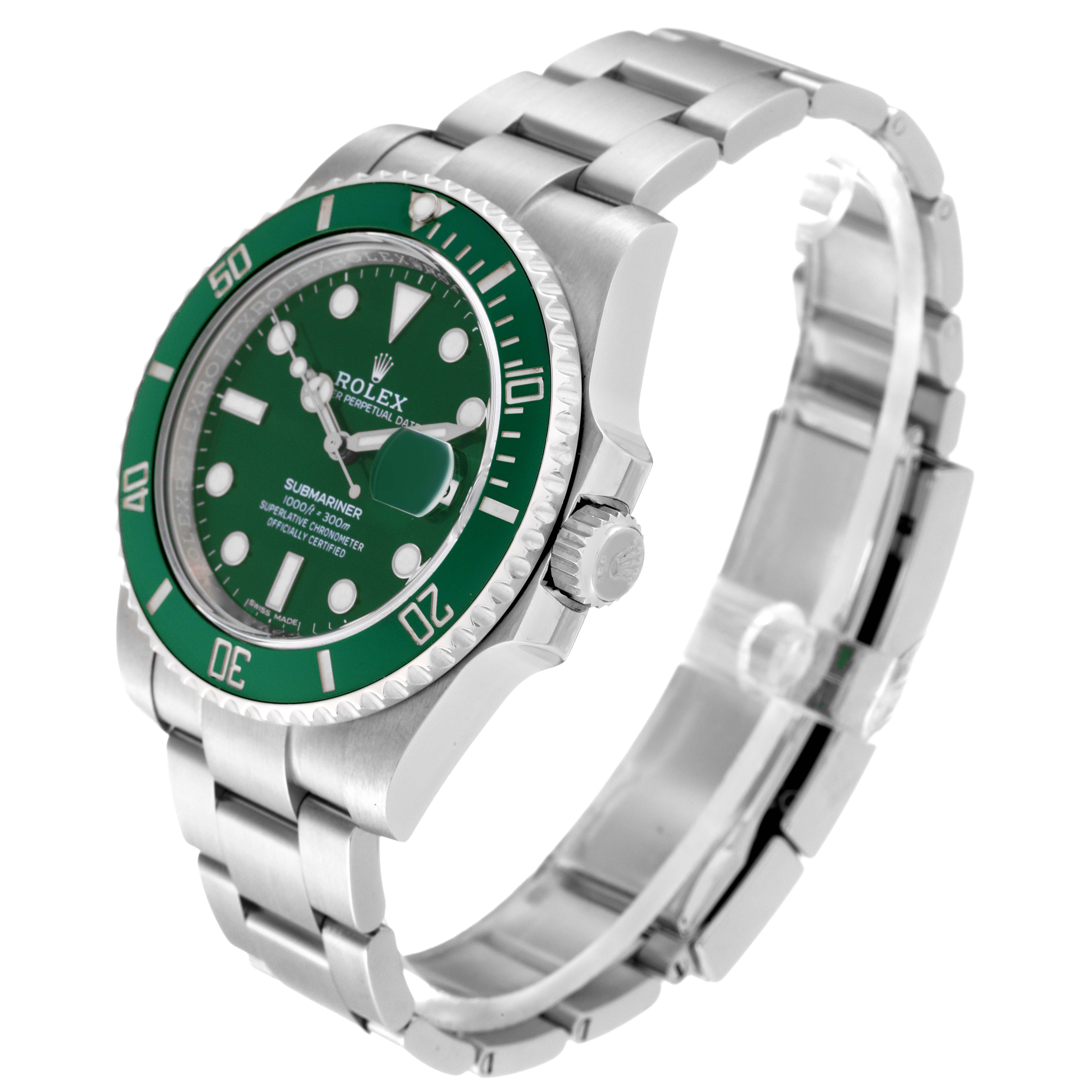 This image shows a Rolex Submariner 116610LV Men
s Stainless Steel Green Dial 116610LV Men
s Stainless Steel Green Dial watch at an angle highlighting the dial, bezel, crown, and a portion of the bracelet.