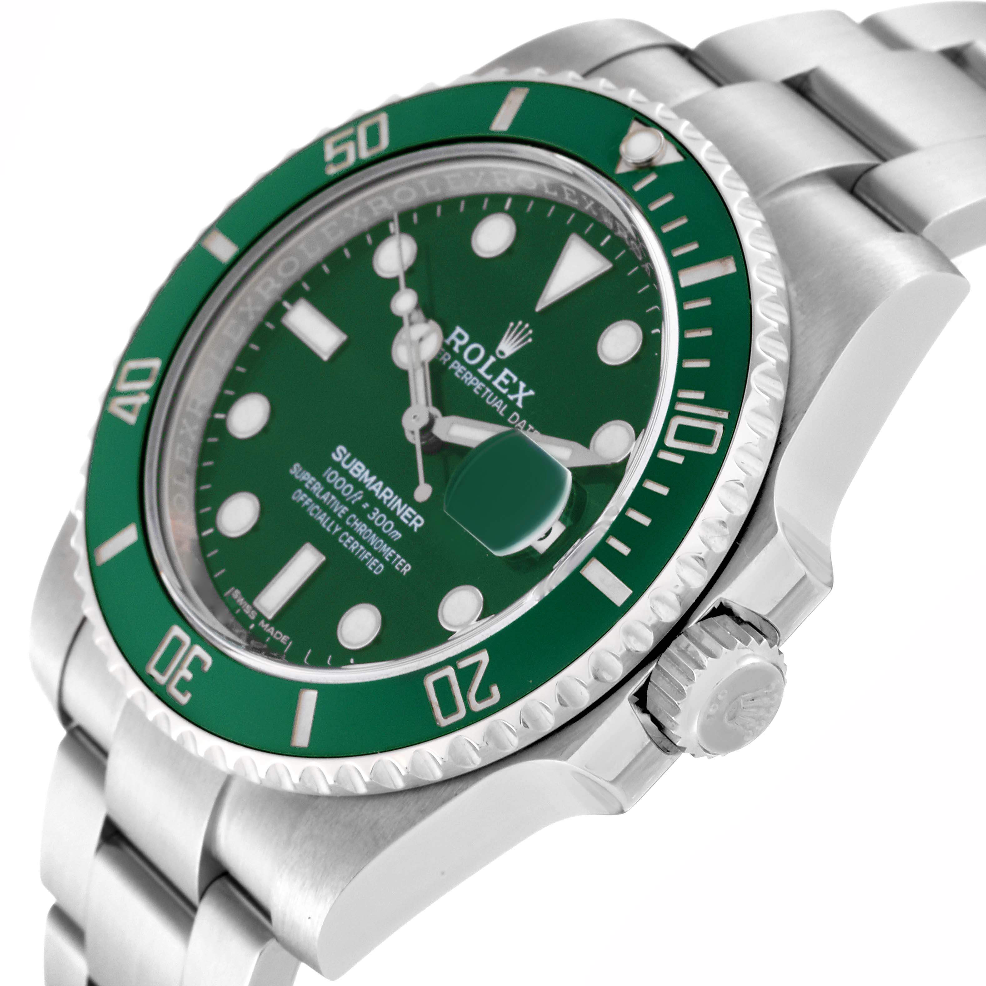 The image displays a diagonal angle of the Rolex Submariner 116610LV Men
s Stainless Steel Green Dial 116610LV Men
s Stainless Steel Green Dial watch, showcasing the green dial, bezel, crown, and part of the bracelet.