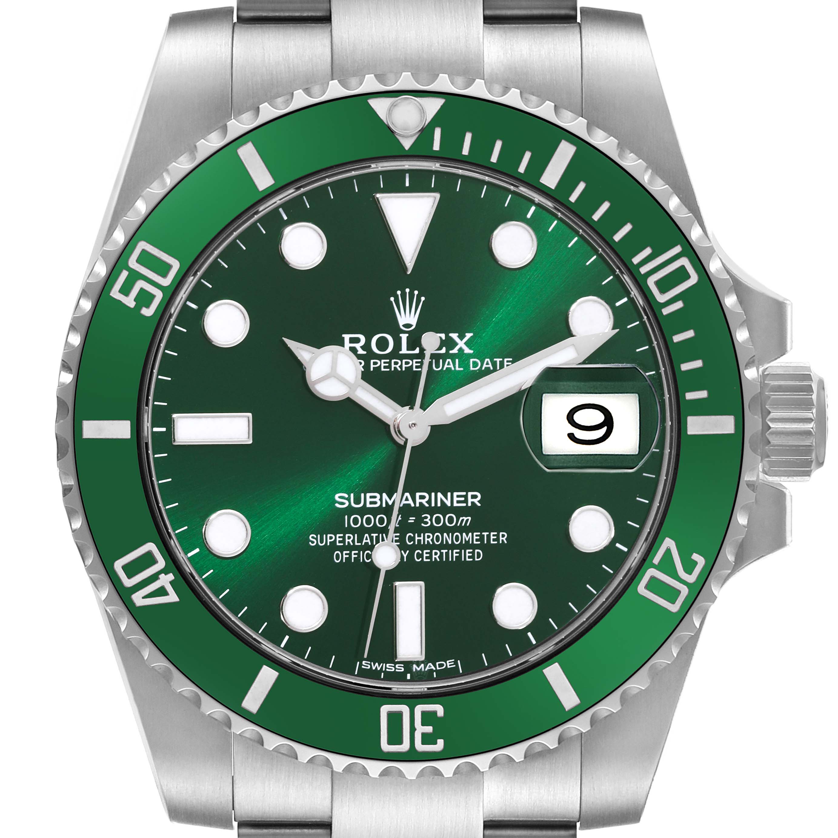 The image shows a front view of a Rolex Submariner 116610LV Men
s Stainless Steel Green Dial 116610LV Men
s Stainless Steel Green Dial watch, highlighting the face, bezel, and crown.