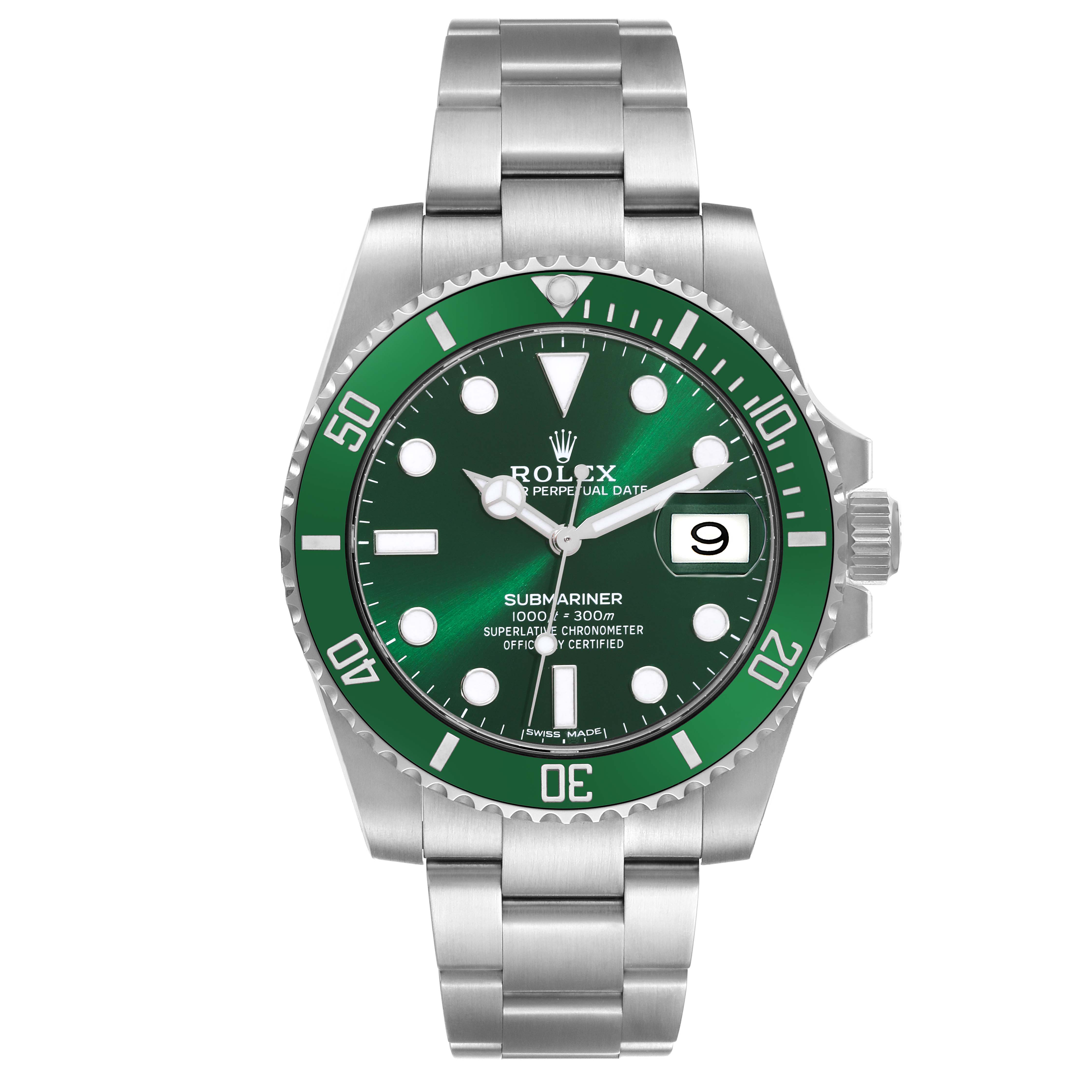 The image shows a front view of a Rolex Submariner 116610LV Men
s Stainless Steel Green Dial 116610LV Men
s Stainless Steel Green Dial watch, highlighting its green dial and bezel.