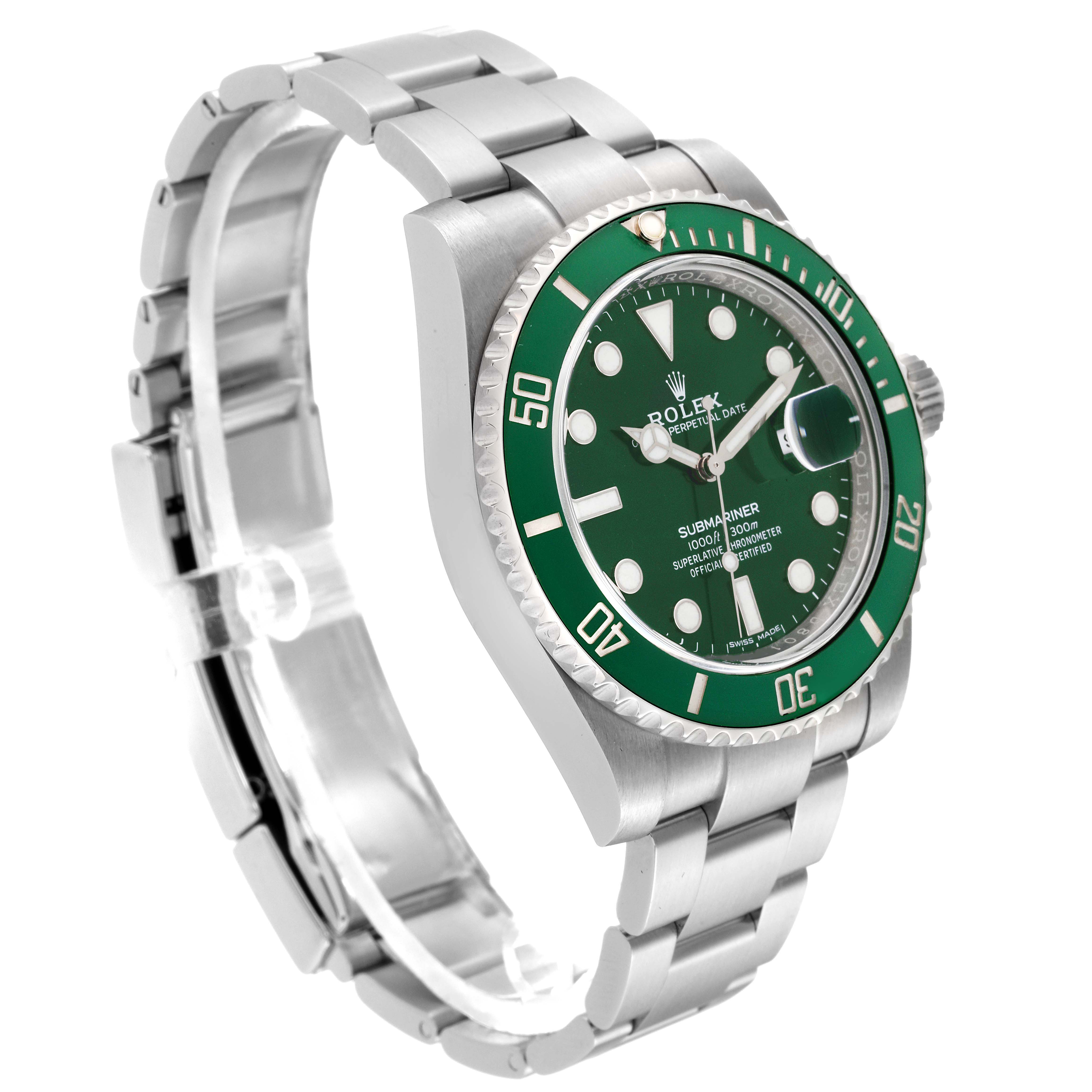 The Rolex Submariner 116610LV Men
s Stainless Steel Green Dial 116610LV Men
s Stainless Steel Green Dial watch model is shown at a slight angle, displaying its face, bezel, crown, and bracelet.