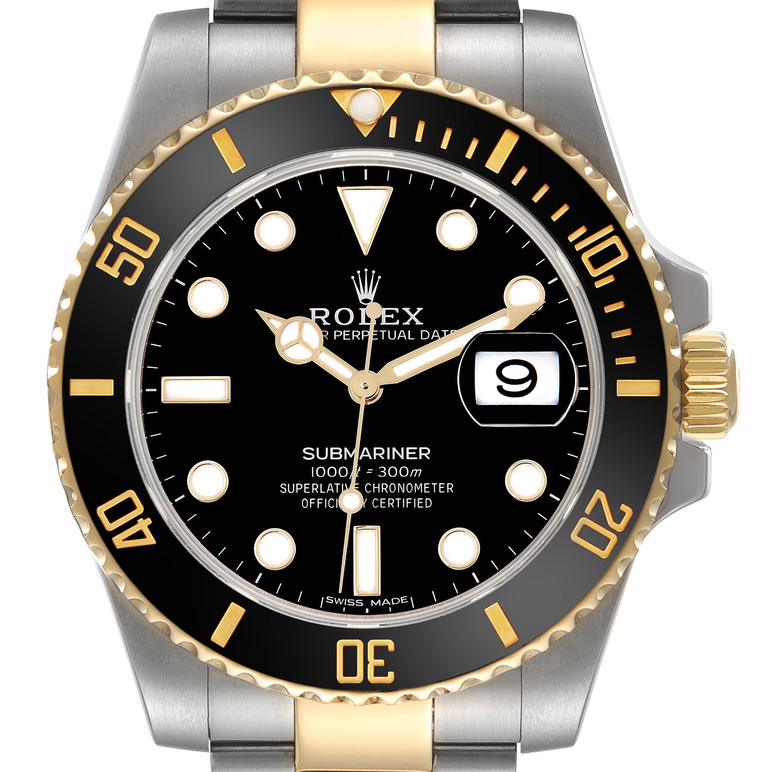 The image shows a Rolex Submariner 116613 Men's Steel and Gold (two tone) Black Dial 116613 Men's Steel and Gold (two tone) Black Dial from a direct front angle, highlighting the bezel, dial, and date window.