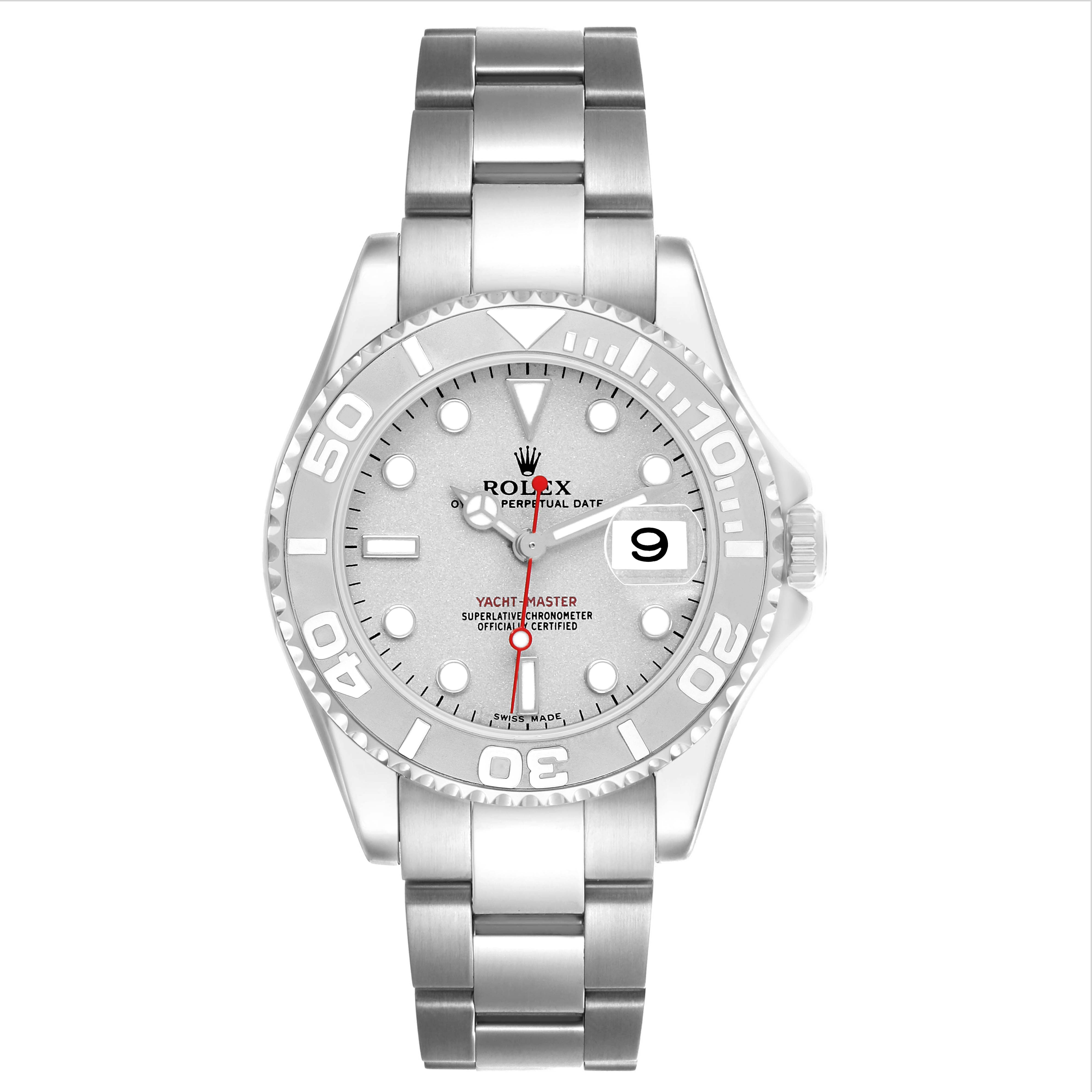 The image shows a front view of the Rolex Yacht-Master 168622 Women's Stainless Steel Silver Dial watch, highlighting the dial, bezel, bracelet, and date function.