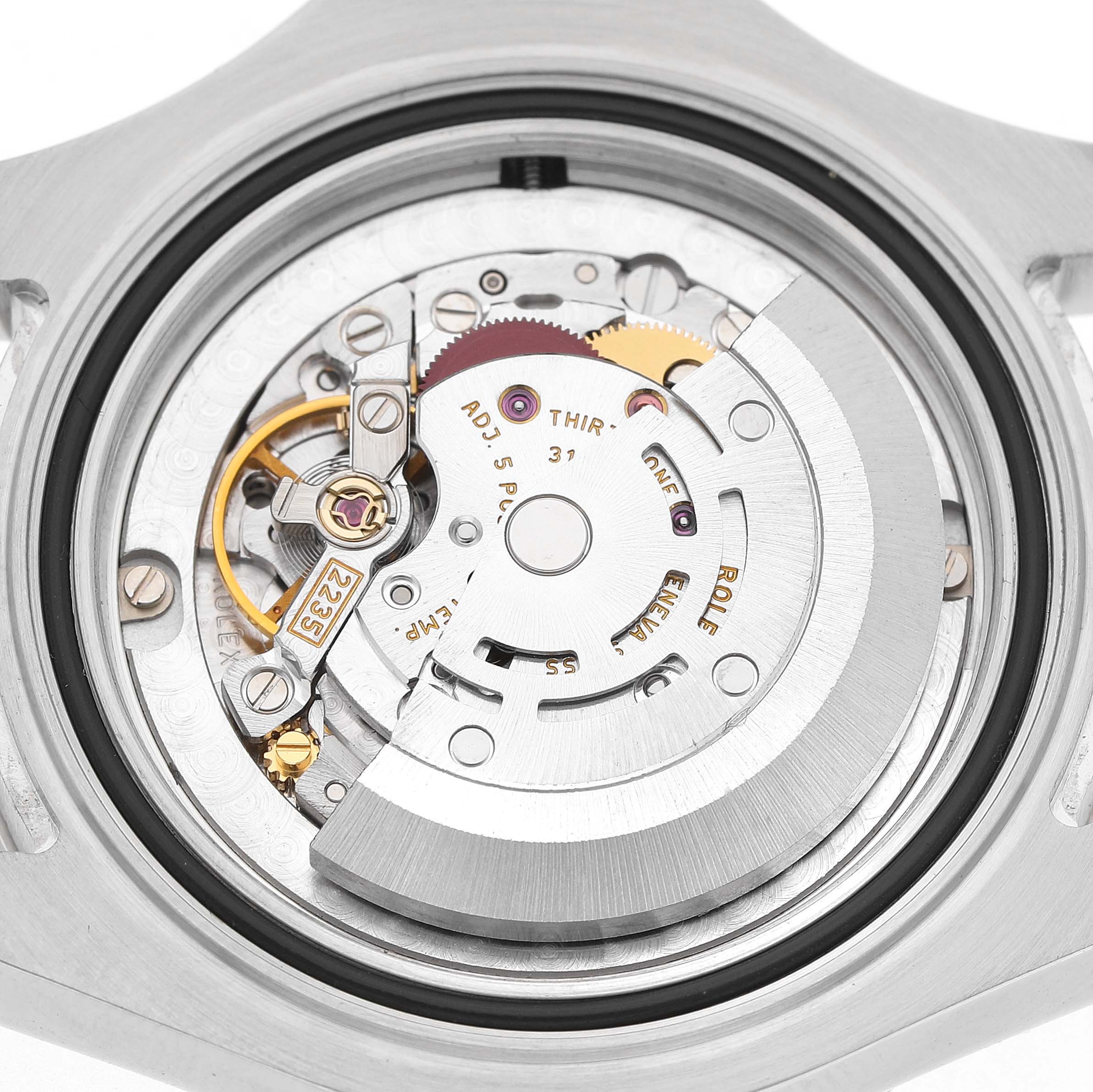 The image shows the movement and internal mechanics of a Rolex Yacht-Master 168622 Women's Stainless Steel Silver Dial watch from a top-down angle.
