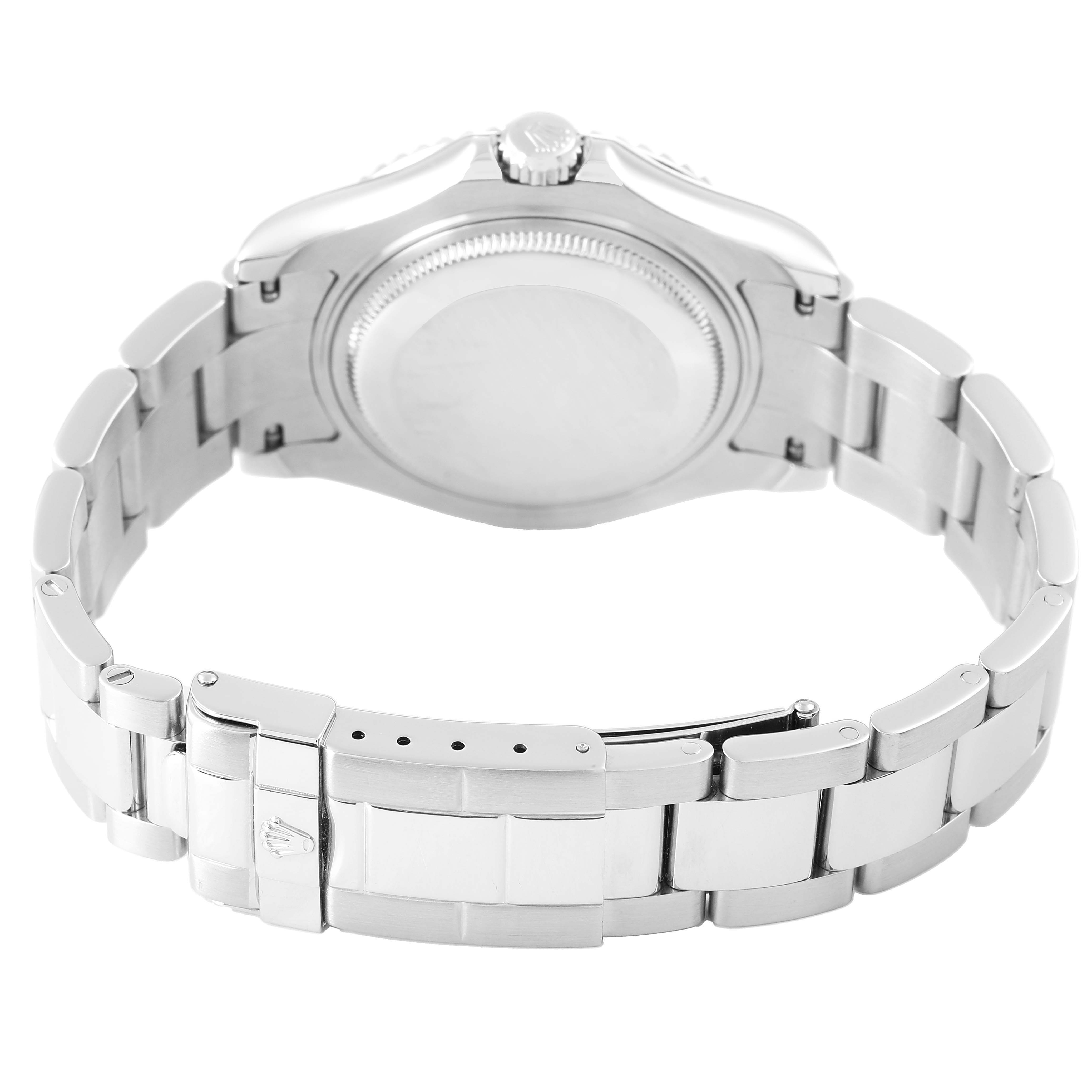 The image shows the back and bracelet of a Rolex Yacht-Master 168622 Women's Stainless Steel Silver Dial watch, highlighting the clasp and case back.