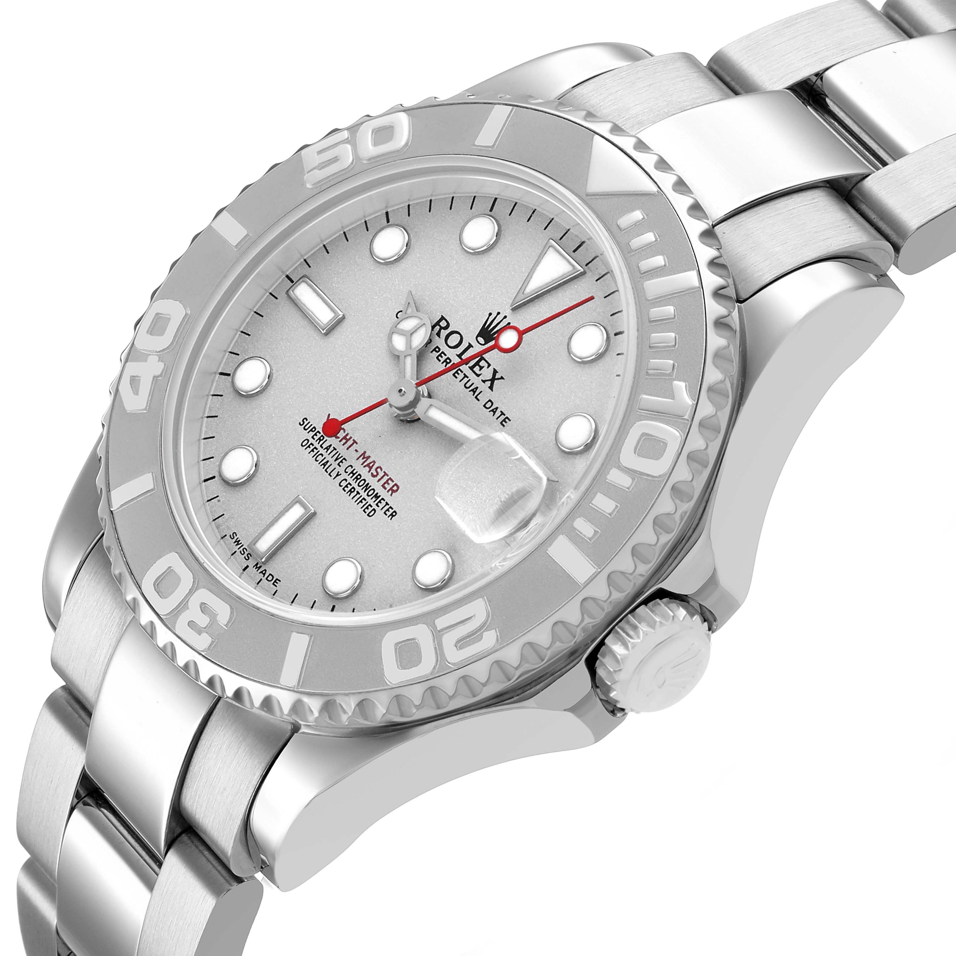 The Rolex Yacht-Master 168622 Women's Stainless Steel Silver Dial is shown at a tilted angle, displaying the bezel, dial, crown, and part of the bracelet.