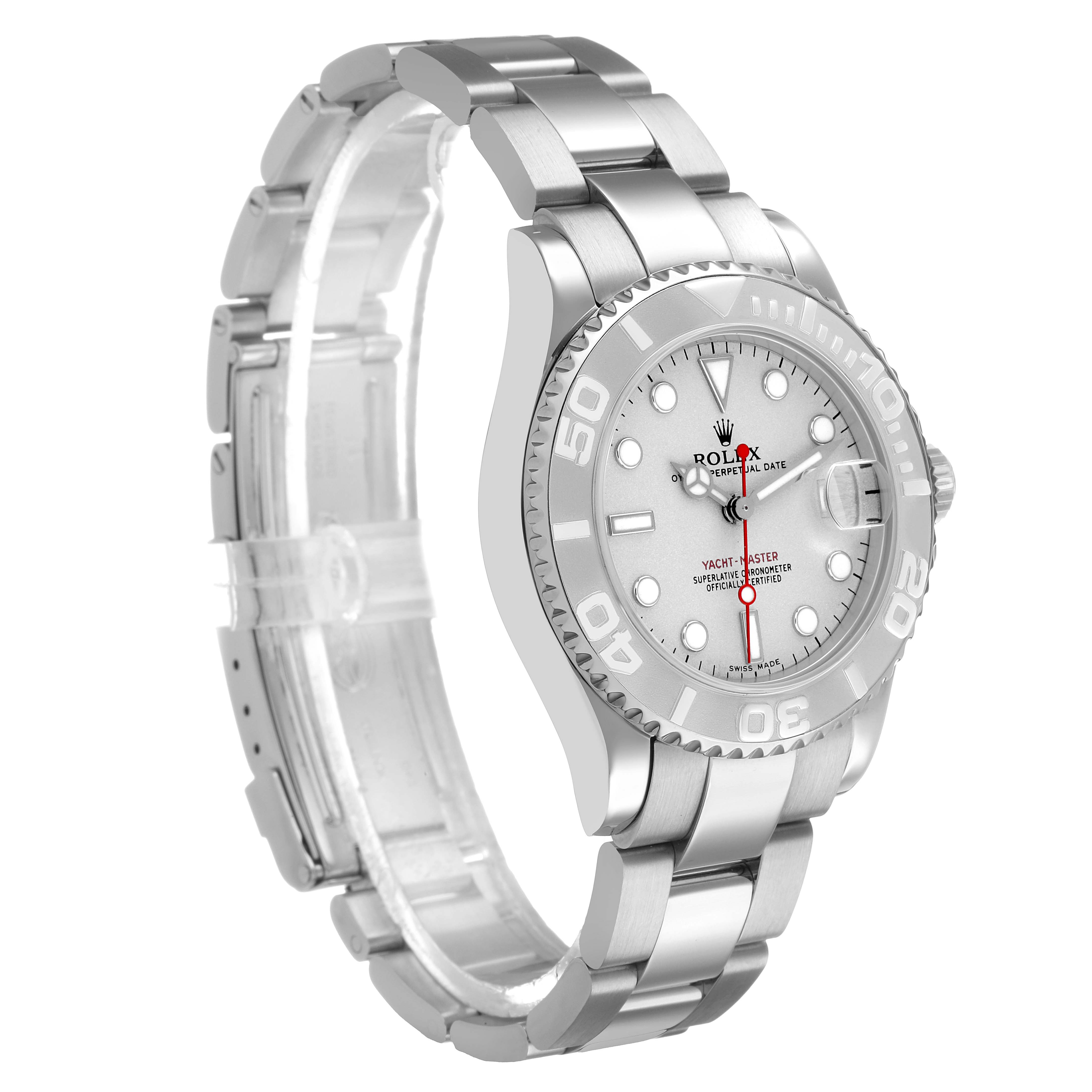 The Rolex Yacht-Master 168622 Women's Stainless Steel Silver Dial is shown at a three-quarter angle, displaying the dial, bezel, and bracelet.