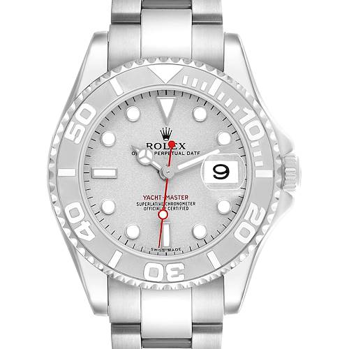 The Rolex Yacht-Master 168622 Women's Stainless Steel Silver Dial watch is shown from the front, displaying its dial, bezel, and bracelet.