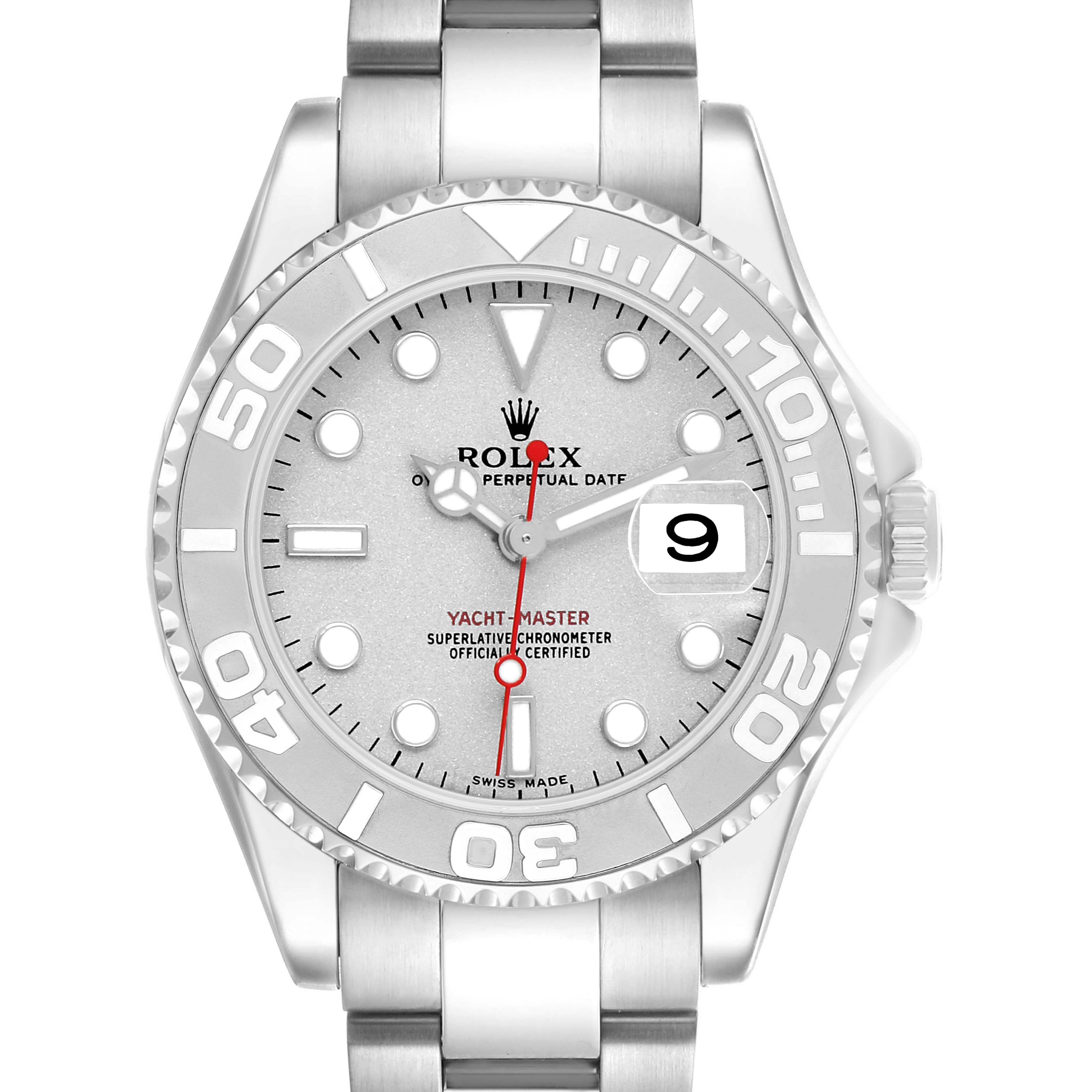 The Rolex Yacht-Master 168622 Women's Stainless Steel Silver Dial watch is shown from a front-facing angle, highlighting the dial, bezel, crown, and bracelet.