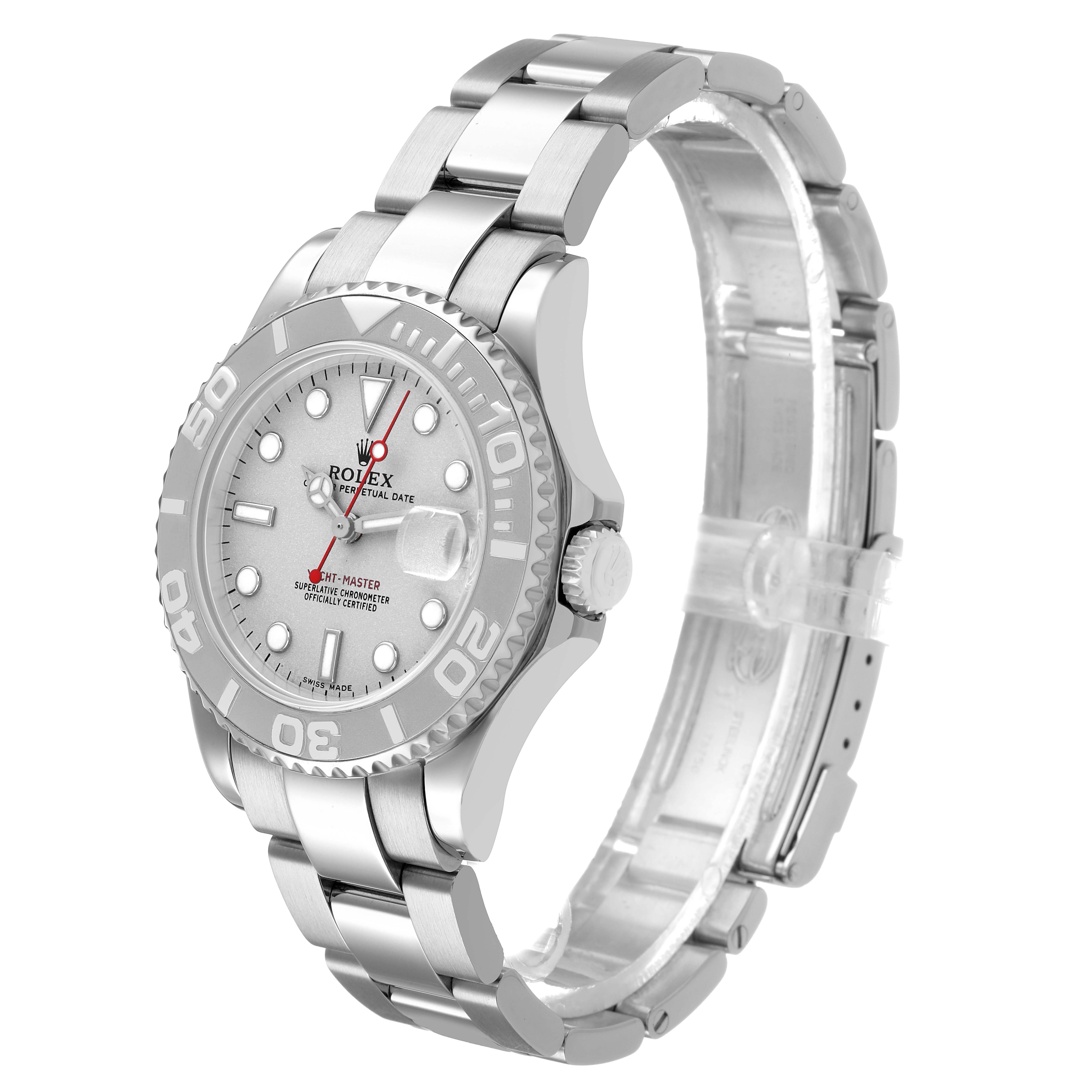The Rolex Yacht-Master 168622 Women's Stainless Steel Silver Dial watch is shown at an angle highlighting the face, bezel, and bracelet, including the crown and clasp.