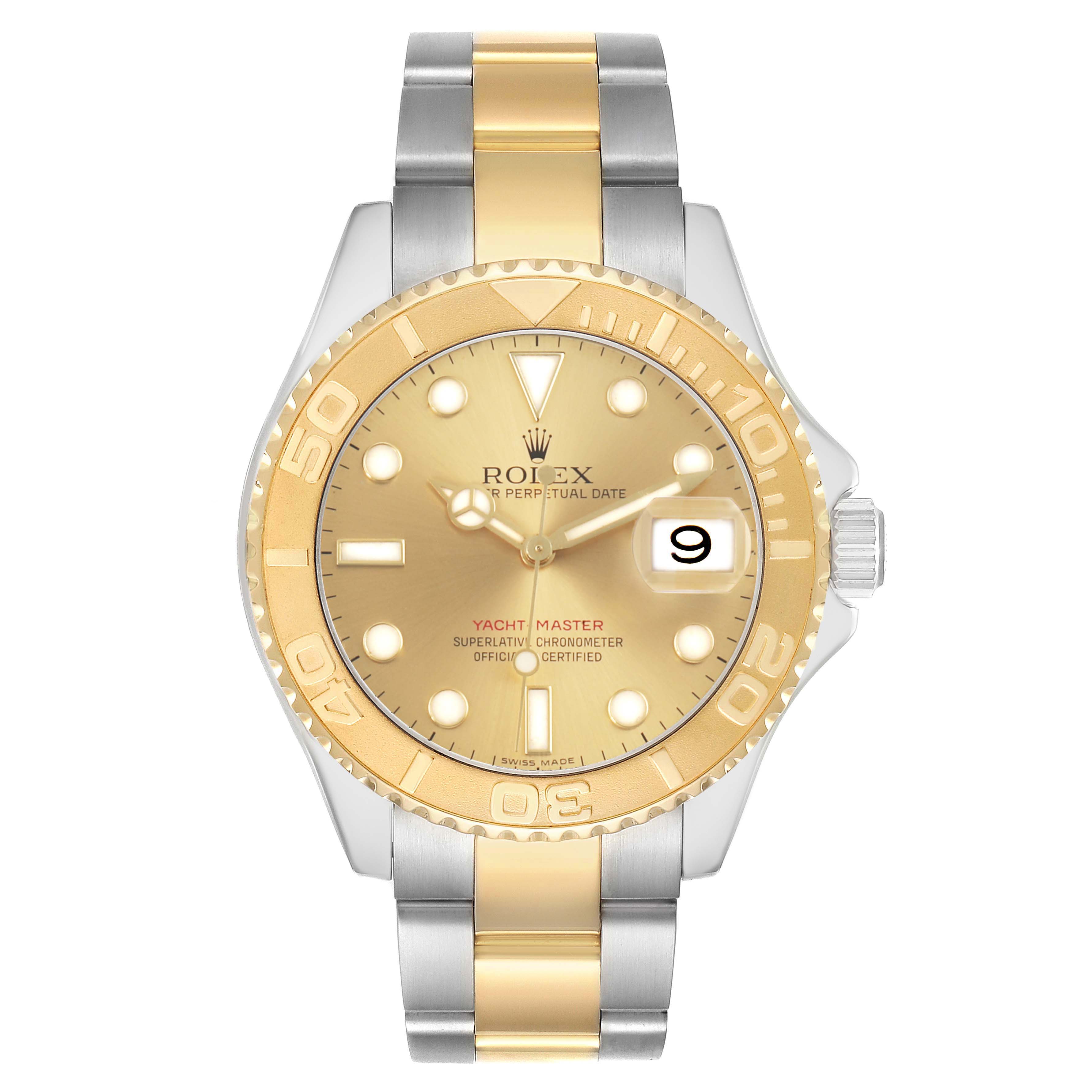 The Rolex Yacht-Master 16623 Men's Steel and Gold (two tone) Champagne Dial watch is shown from the front, displaying its bezel, face, crown, and bracelet.