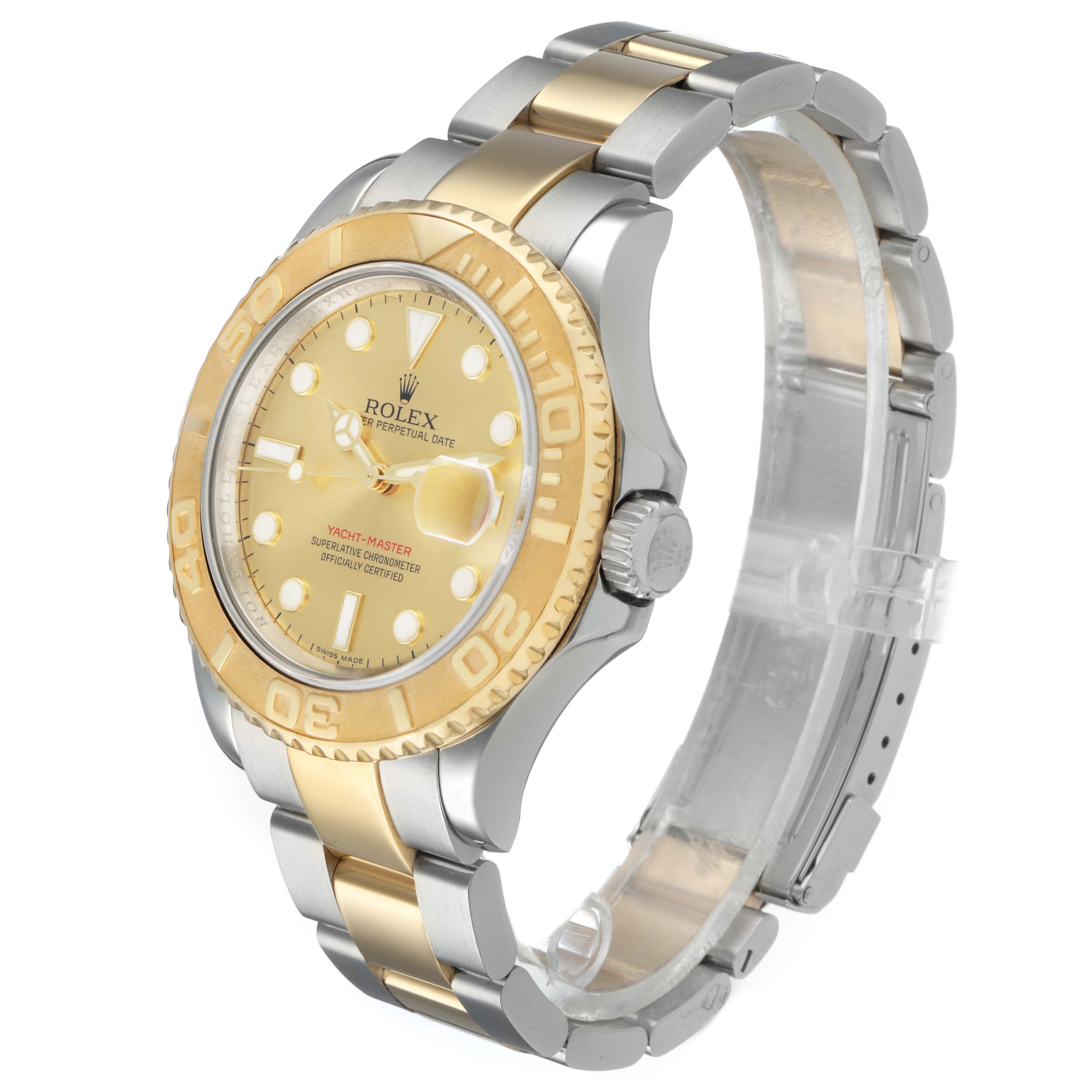 The Rolex Yacht-Master 16623 Men's Steel and Gold (two tone) Champagne Dial is shown at an angled view, highlighting the bezel, dial, bracelet, and crown.