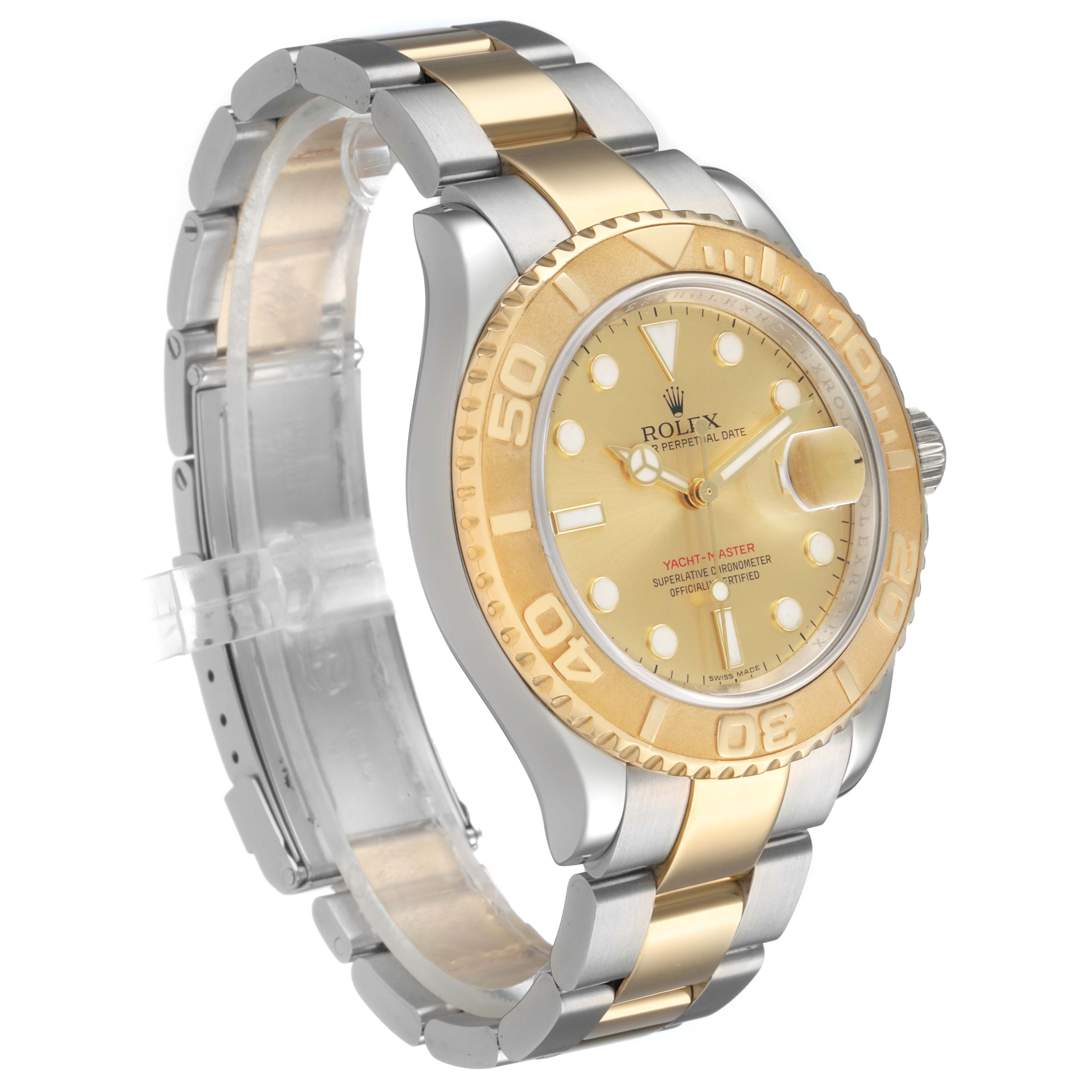The Rolex Yacht-Master 16623 Men's Steel and Gold (two tone) Champagne Dial watch is shown from a front-side angle, highlighting the bezel, dial, and bracelet.