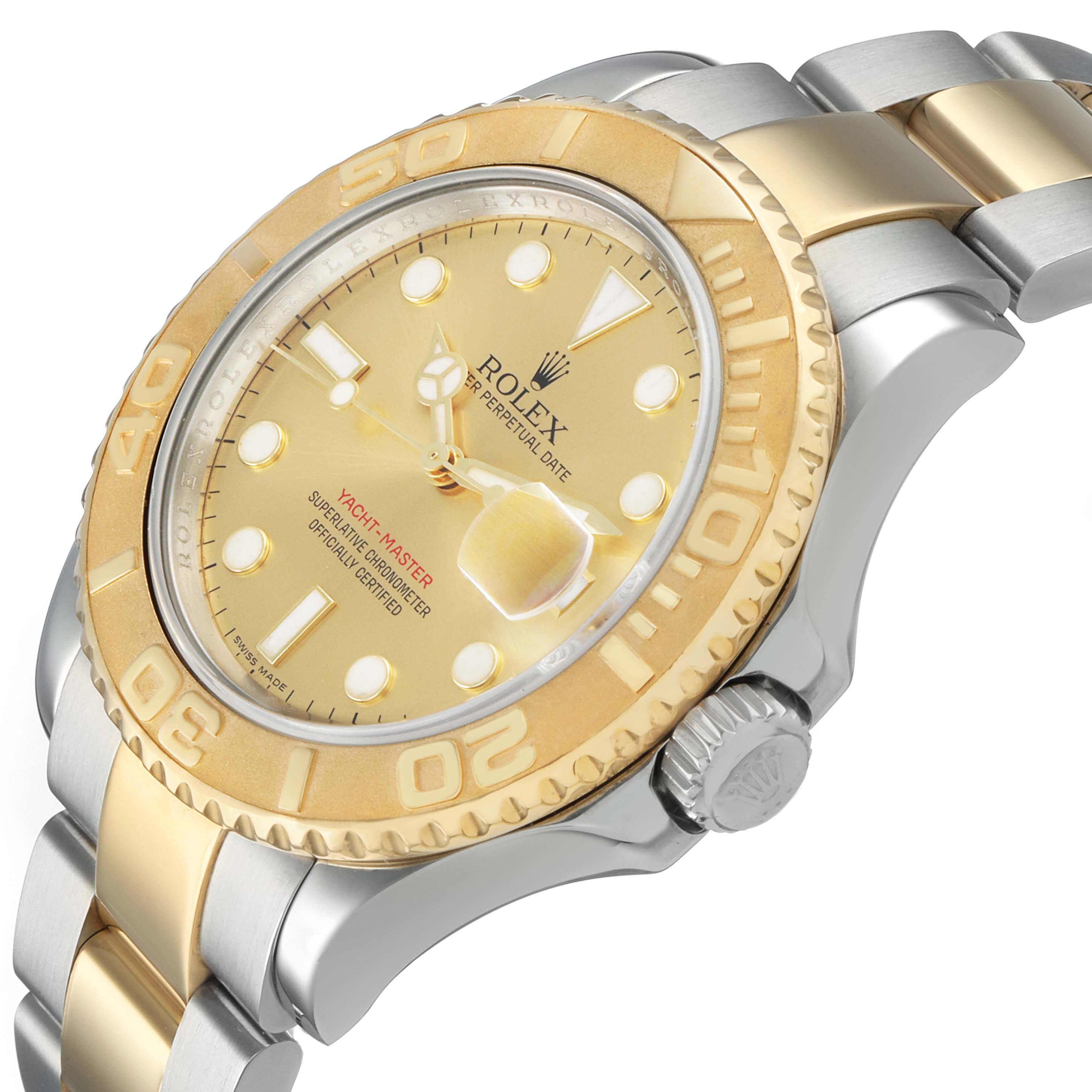 The Rolex Yacht-Master 16623 Men's Steel and Gold (two tone) Champagne Dial watch is shown at an angled side view, highlighting the bezel, dial, crown, and part of the bracelet.