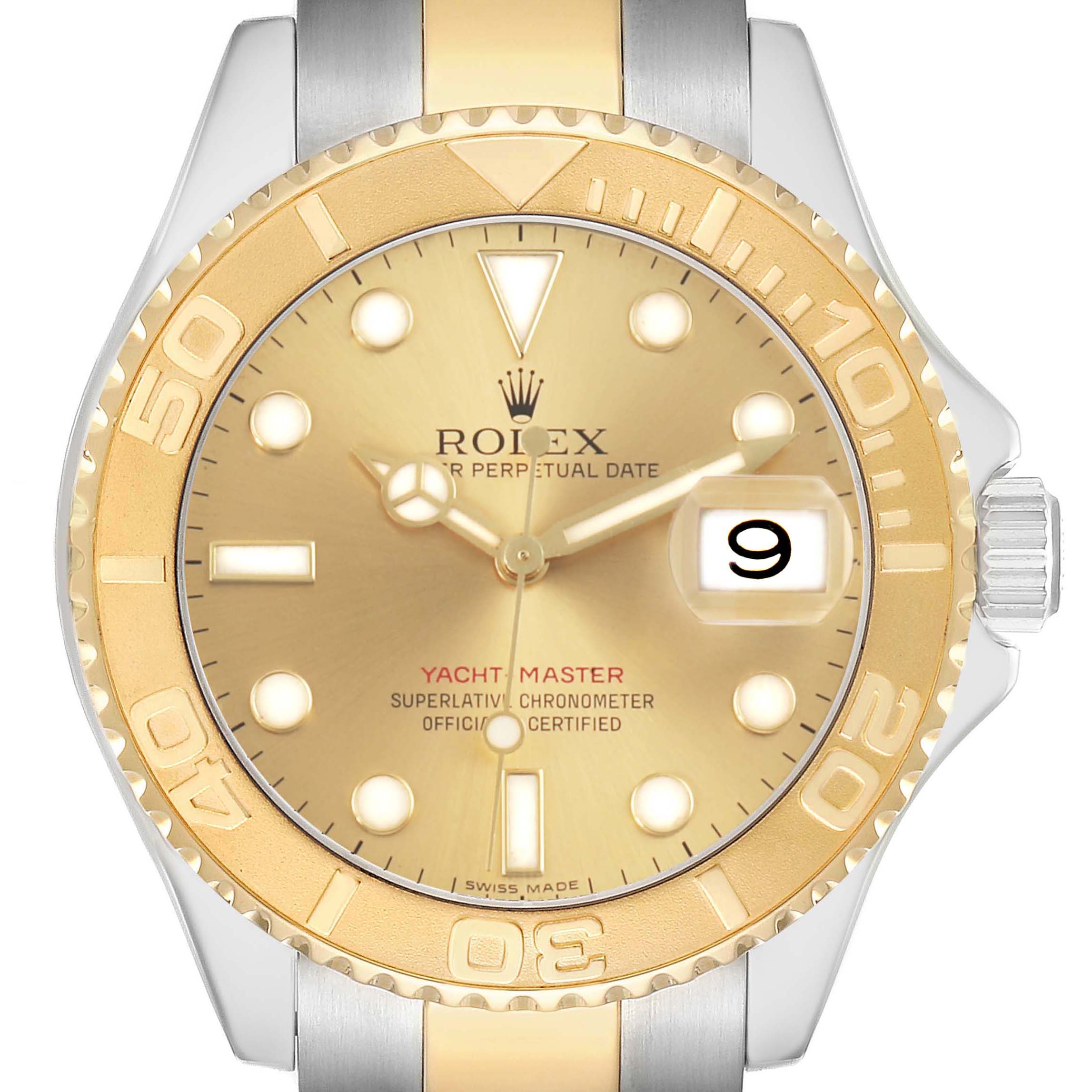 The image shows a front view of a Rolex Yacht-Master 16623 Men's Steel and Gold (two tone) Champagne Dial watch, highlighting its gold dial and bezel with a date window.