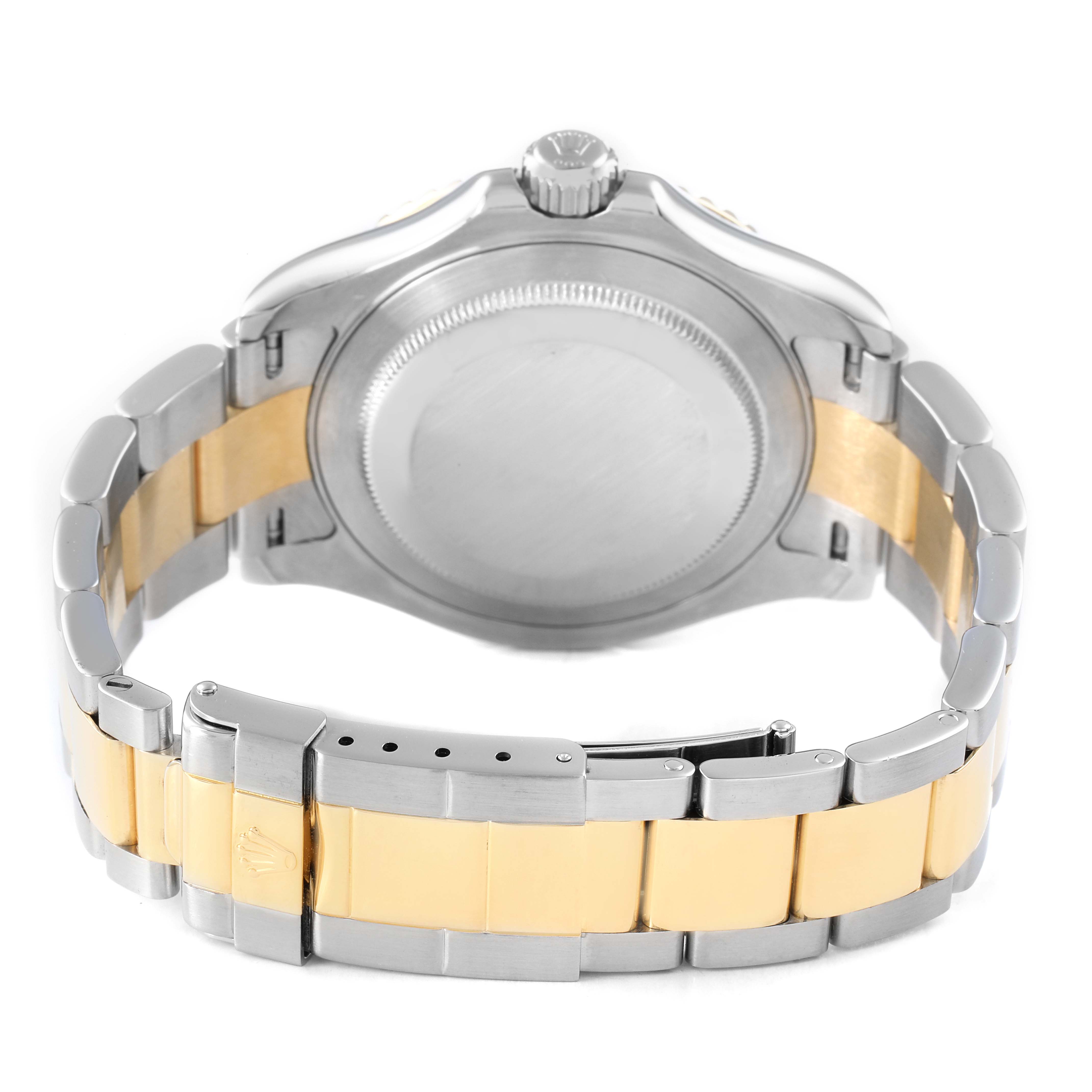 The image shows the back and bracelet of a Rolex Yacht-Master 16623 Men's Steel and Gold (two tone) Champagne Dial, highlighting the clasp and bimetallic links.