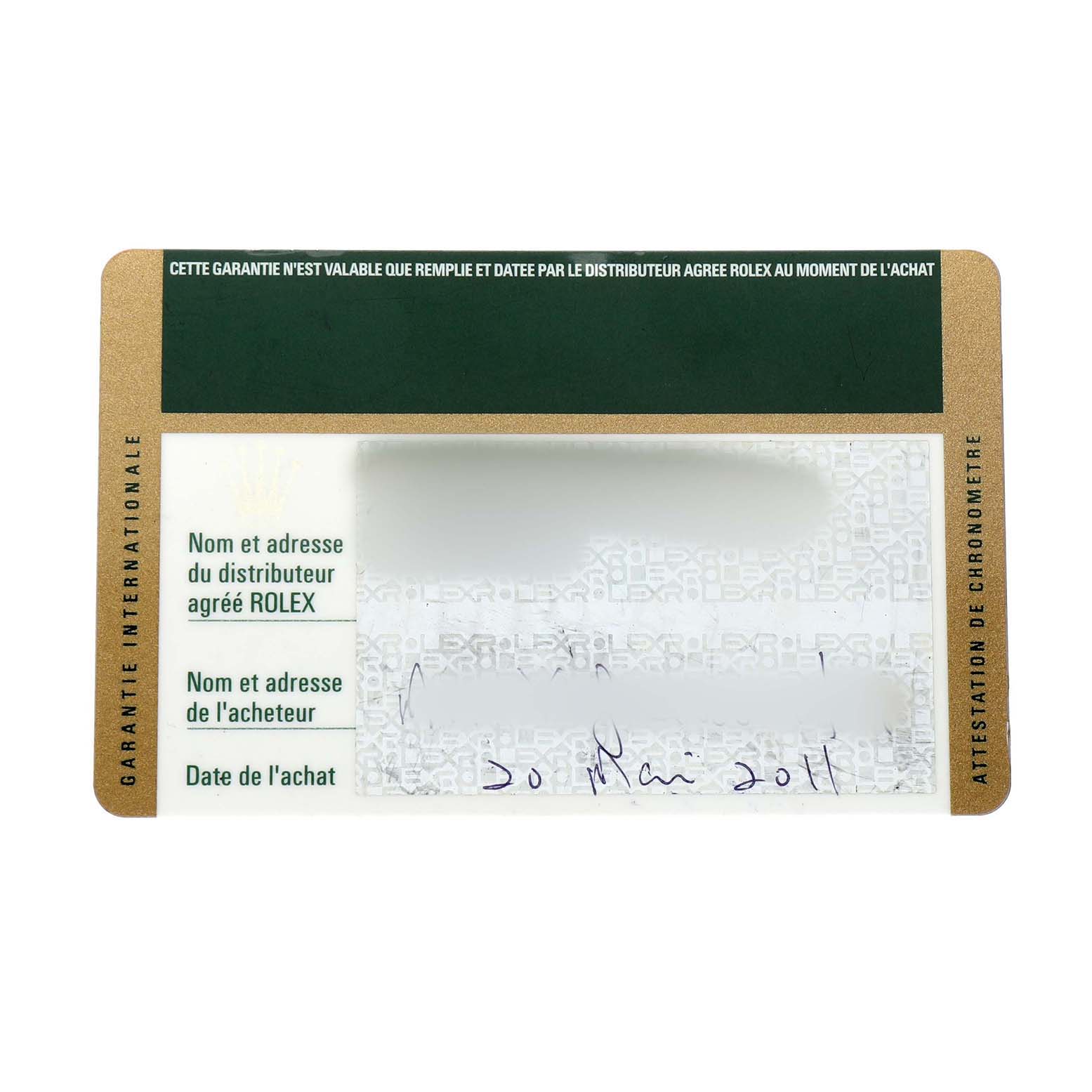 The image shows a warranty card for a Rolex Yacht-Master 16623 Men's Steel and Gold (two tone) Champagne Dial, displaying sections for dealer and buyer information.